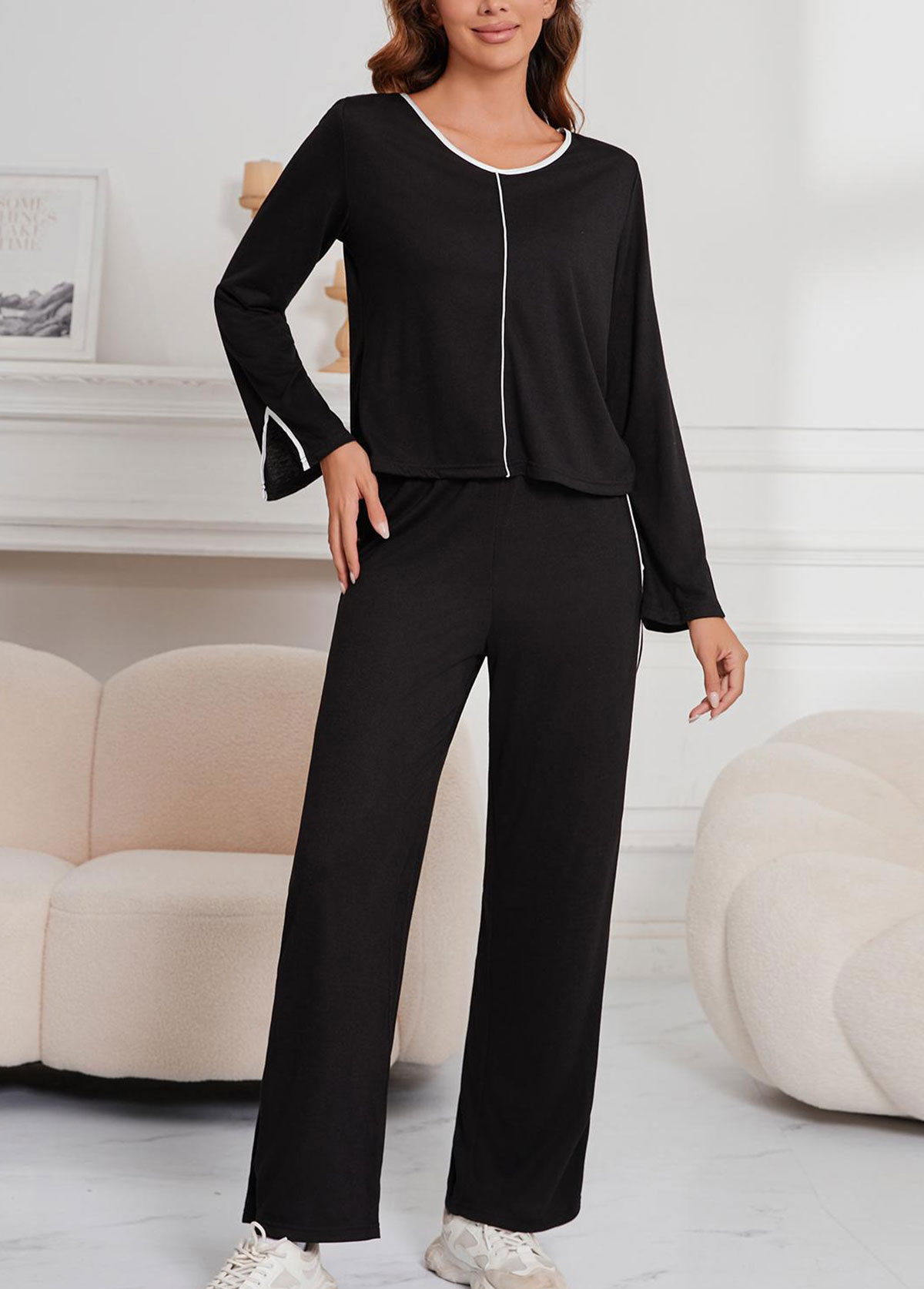 Black Long Sleeve Scoop Neck Lounge Top and Pants | picture 