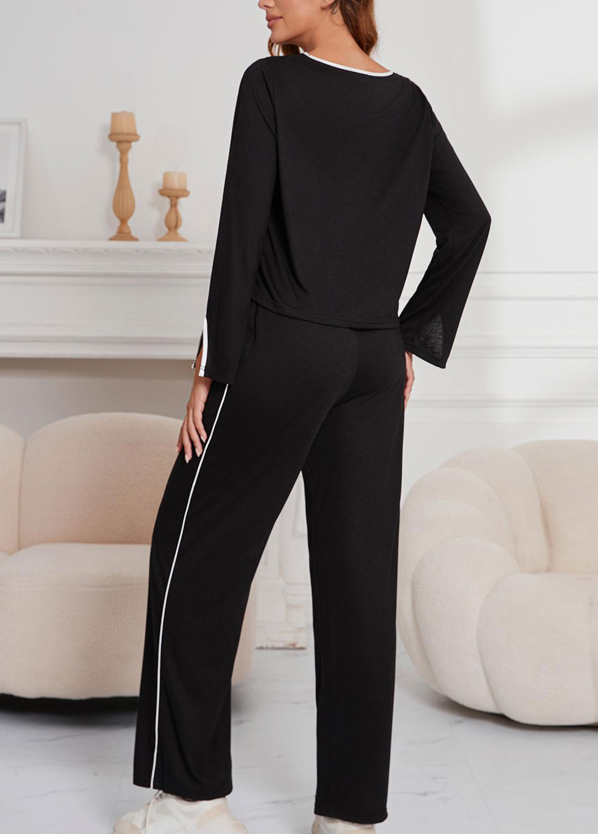 Black Long Sleeve Scoop Neck Lounge Top and Pants | picture 