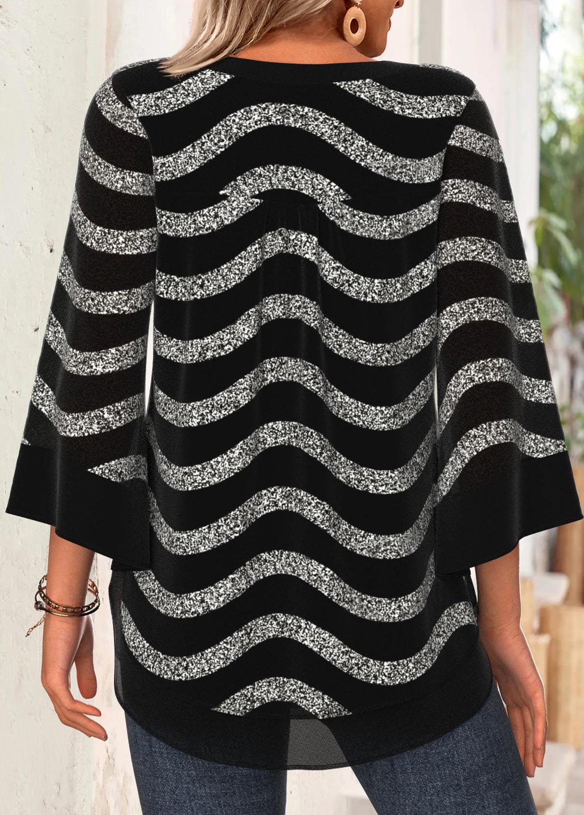 Black Tummy Coverage Striped Long Sleeve V Neck Blouse | picture 