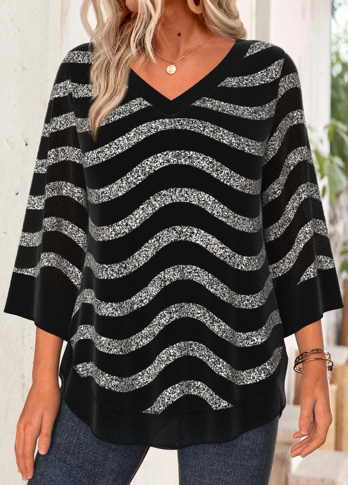 Black Tummy Coverage Striped Long Sleeve V Neck Blouse | picture 
