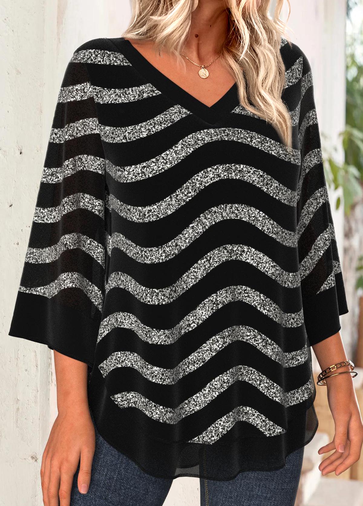Black Tummy Coverage Striped Long Sleeve V Neck Blouse | picture 