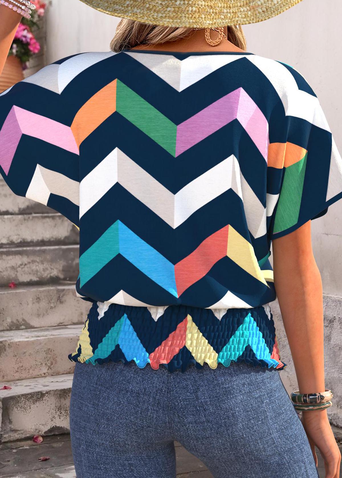 Multi Color Smocked Geometric Print Short Sleeve T Shirt | picture 