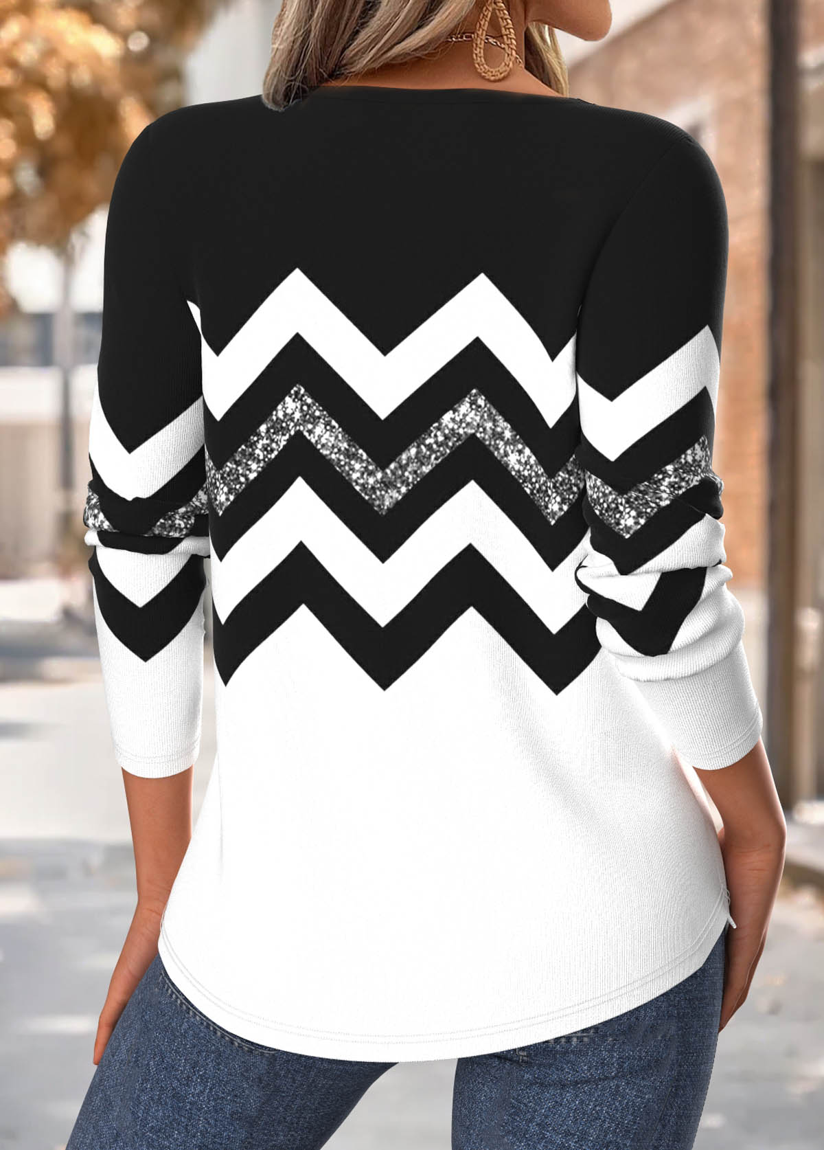 Black Tummy Coverage Geometric Print 3/4 Sleeve T Shirt | picture 