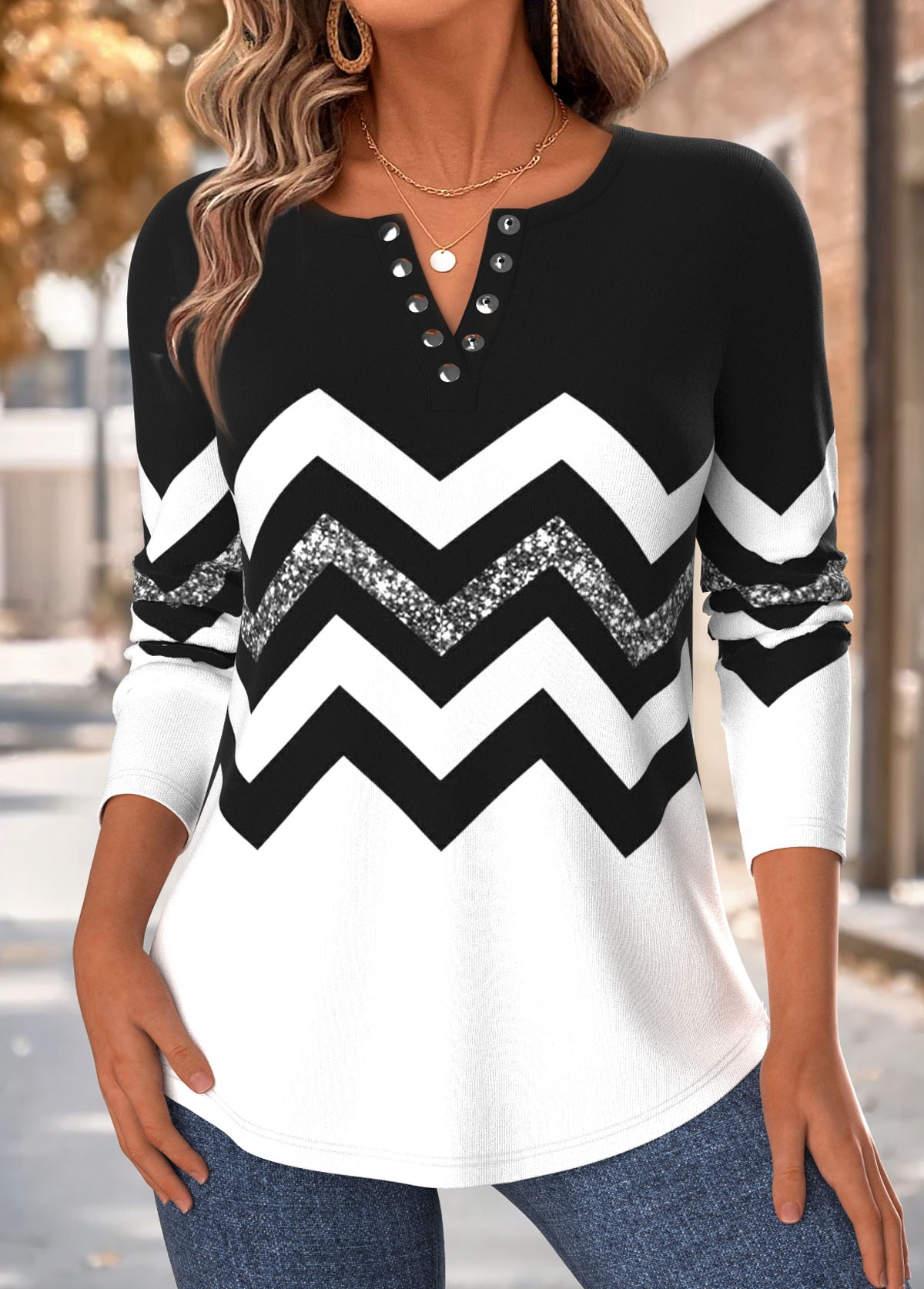 Black Tummy Coverage Geometric Print 3/4 Sleeve T Shirt | picture 