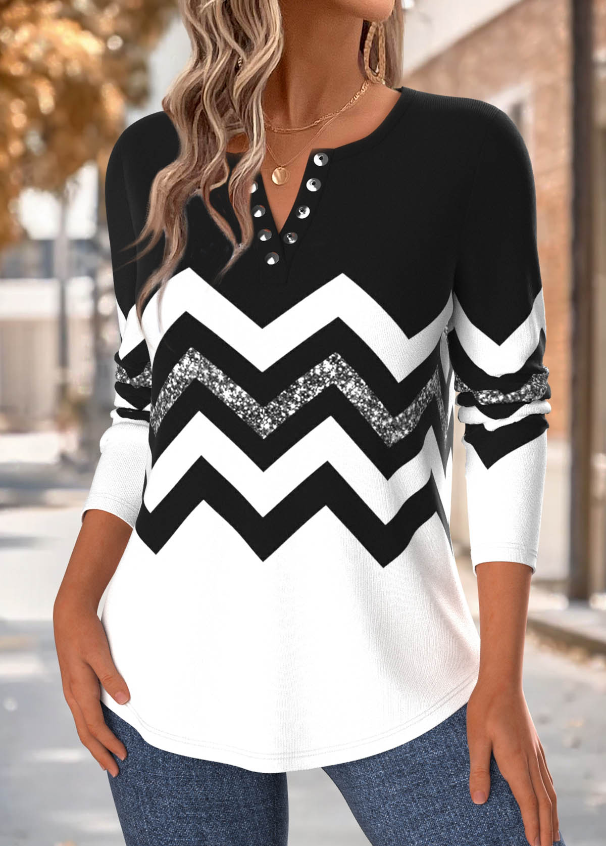 Black Tummy Coverage Geometric Print 3/4 Sleeve T Shirt | picture 