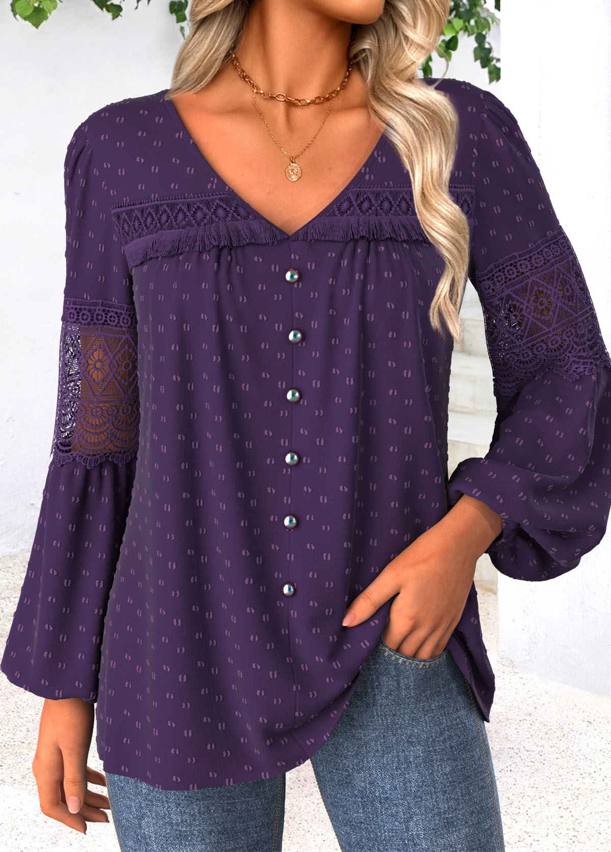 Dark Purple Tummy Coverage Long Sleeve V Neck Blouse | picture 