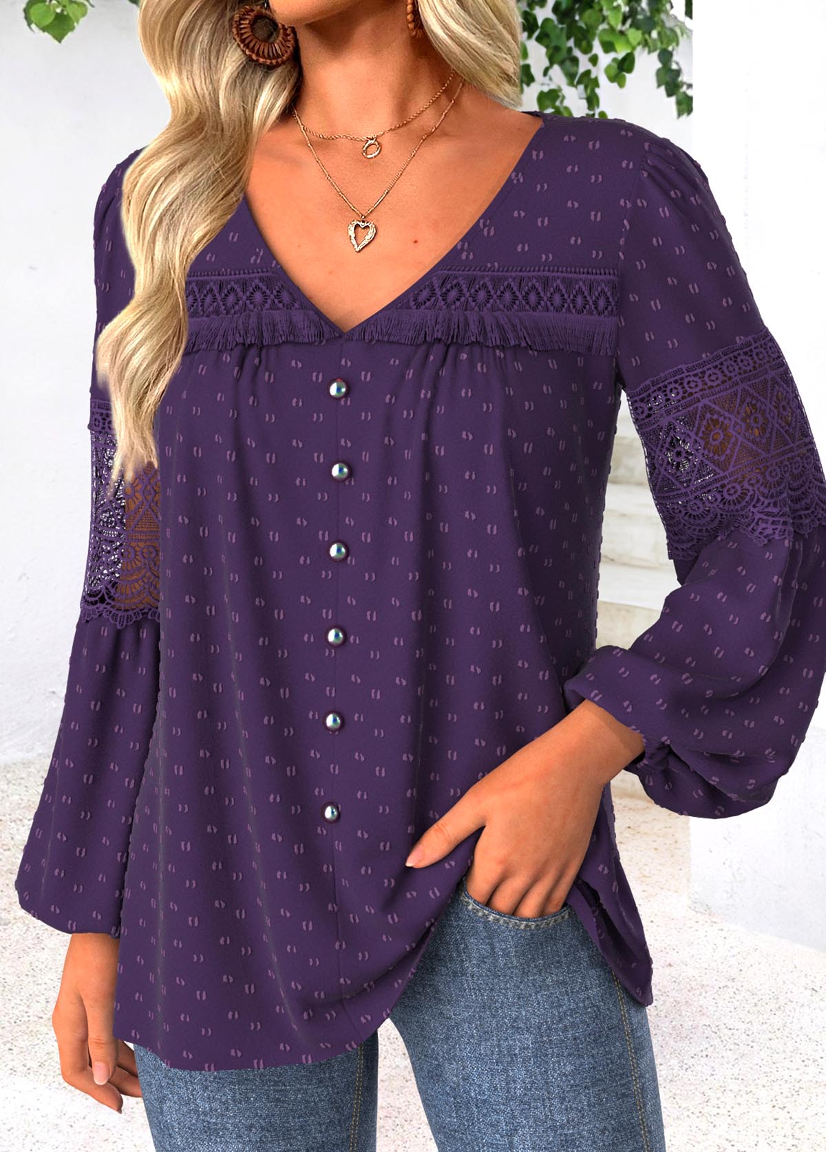 Dark Purple Tummy Coverage Long Sleeve V Neck Blouse | picture 