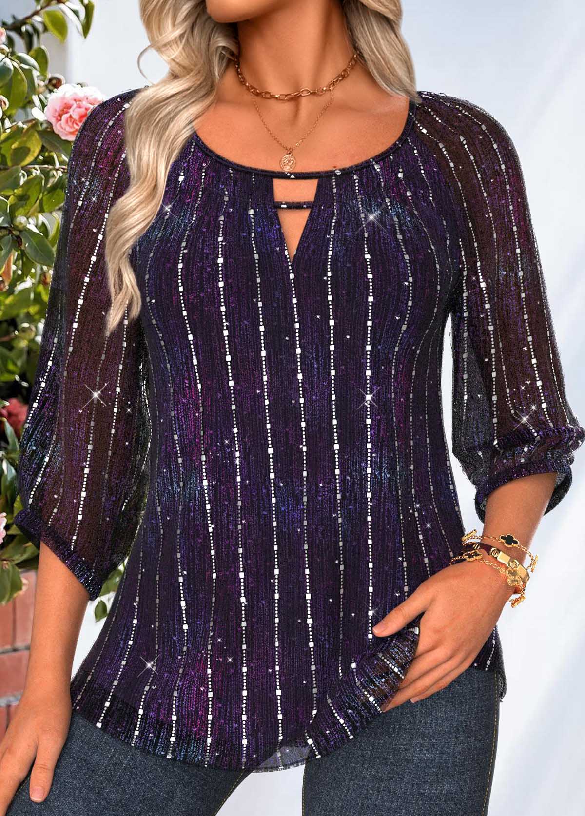 Dark Purple Tummy Coverage 3/4 Sleeve Scoop Neck Blouse | picture 