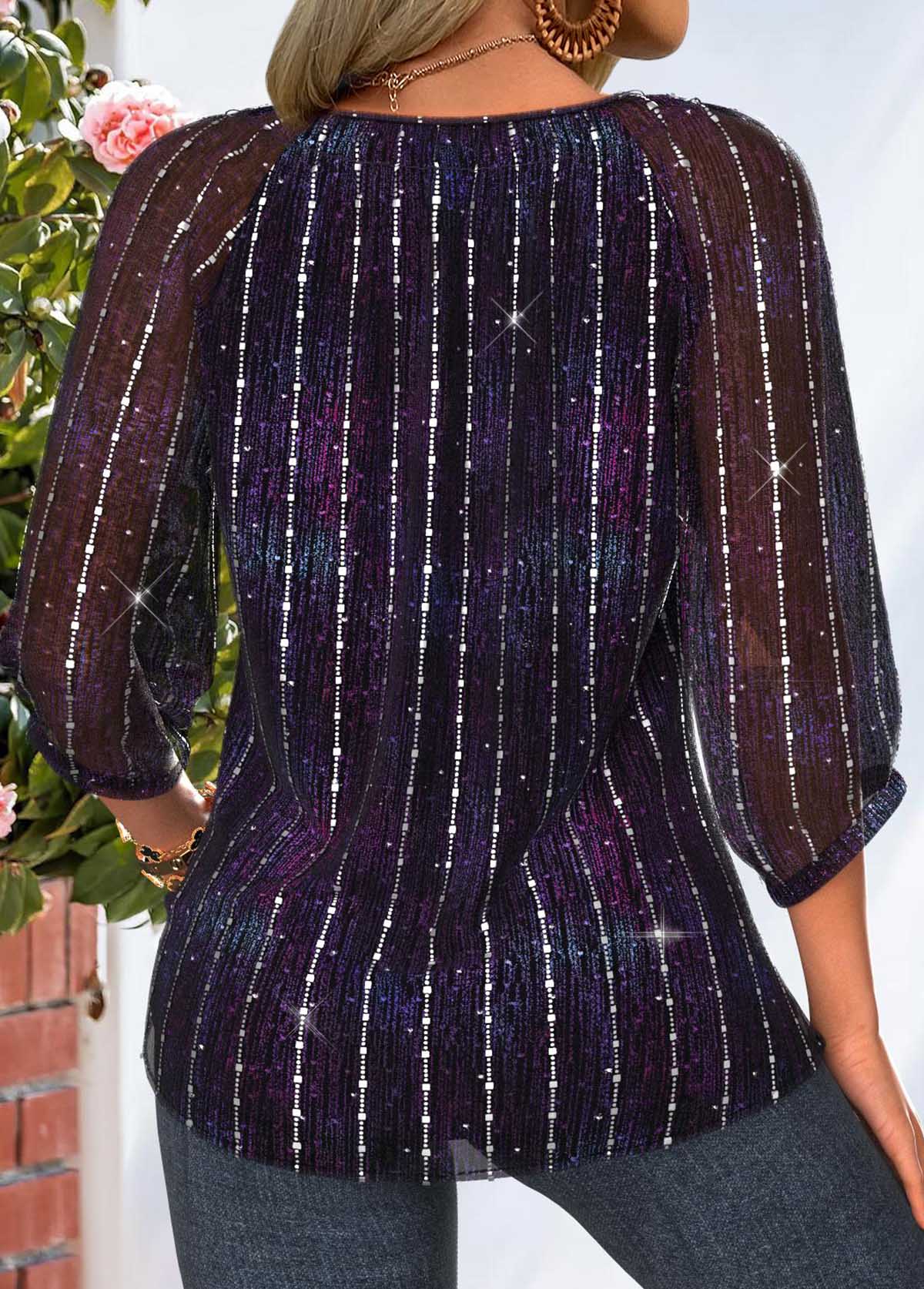 Dark Purple Tummy Coverage 3/4 Sleeve Scoop Neck Blouse | picture 