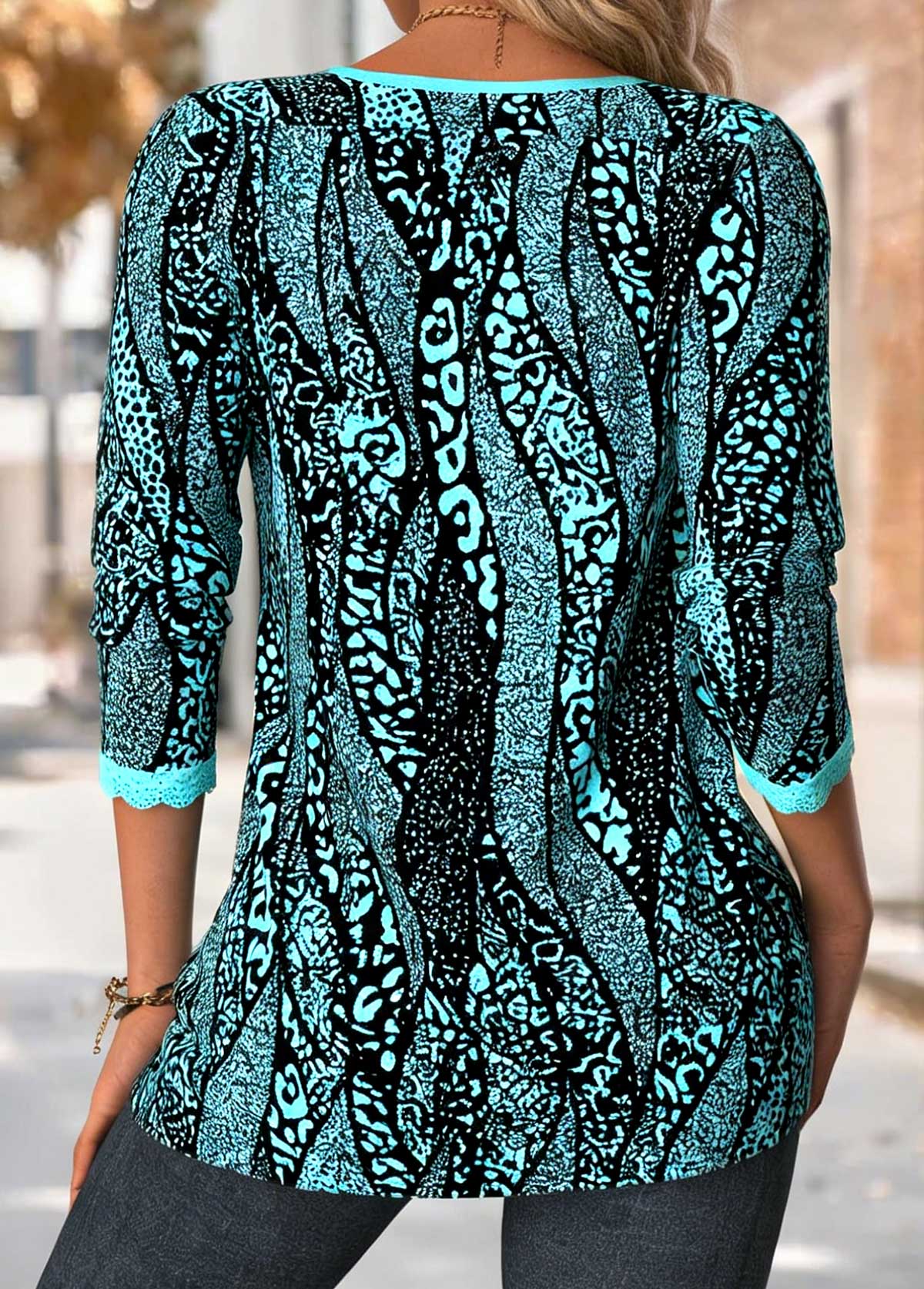 Cyan Tuck Stitch Leopard Long Sleeve Split Neck Blouse | picture 
