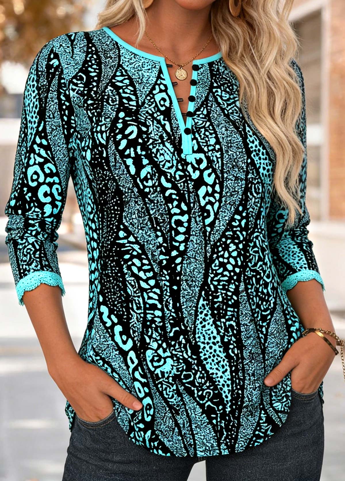 Cyan Tuck Stitch Leopard Long Sleeve Split Neck Blouse | picture 
