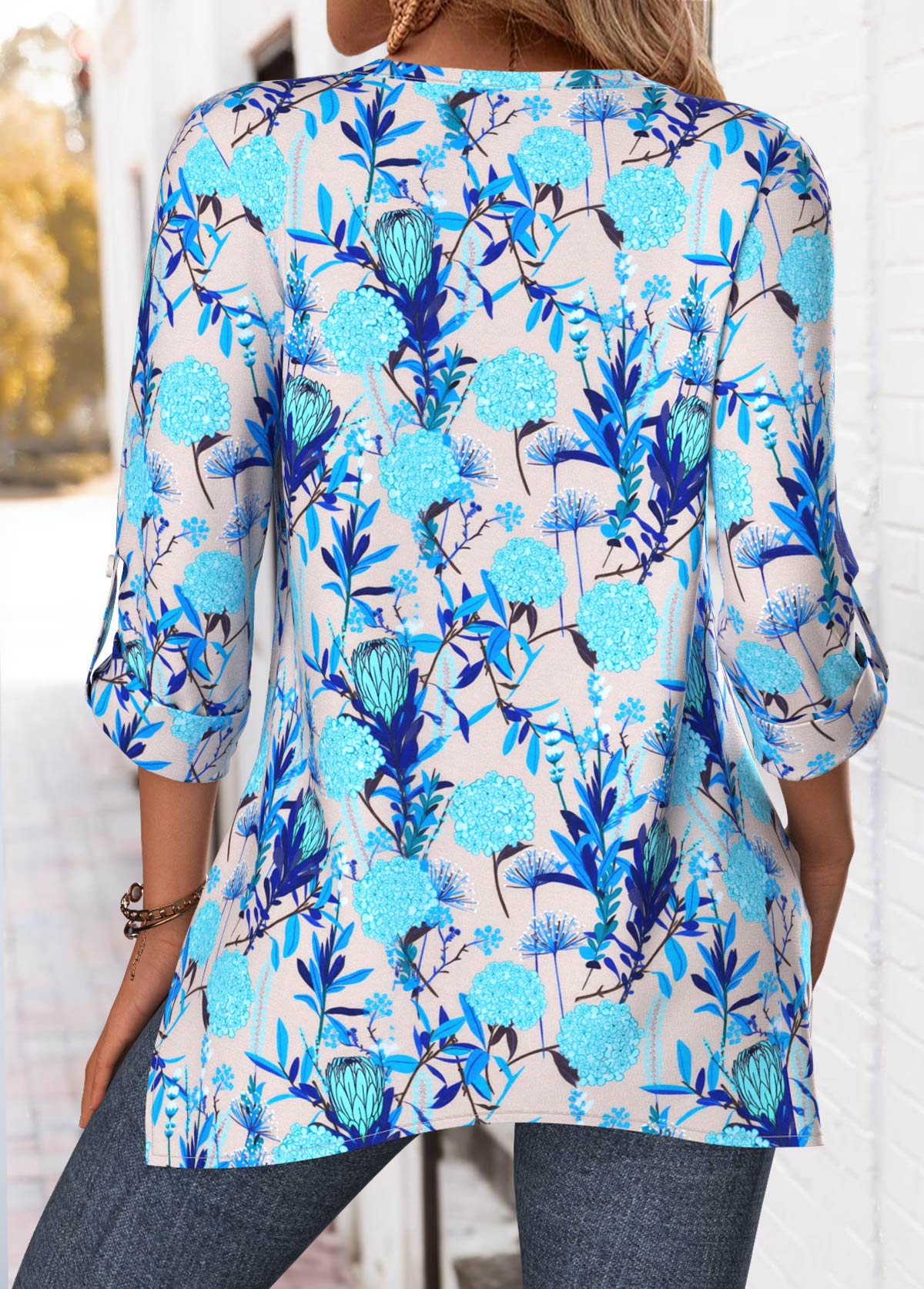 Blue Handkerchief Hem Floral Print 3/4 Sleeve Blouse | picture 