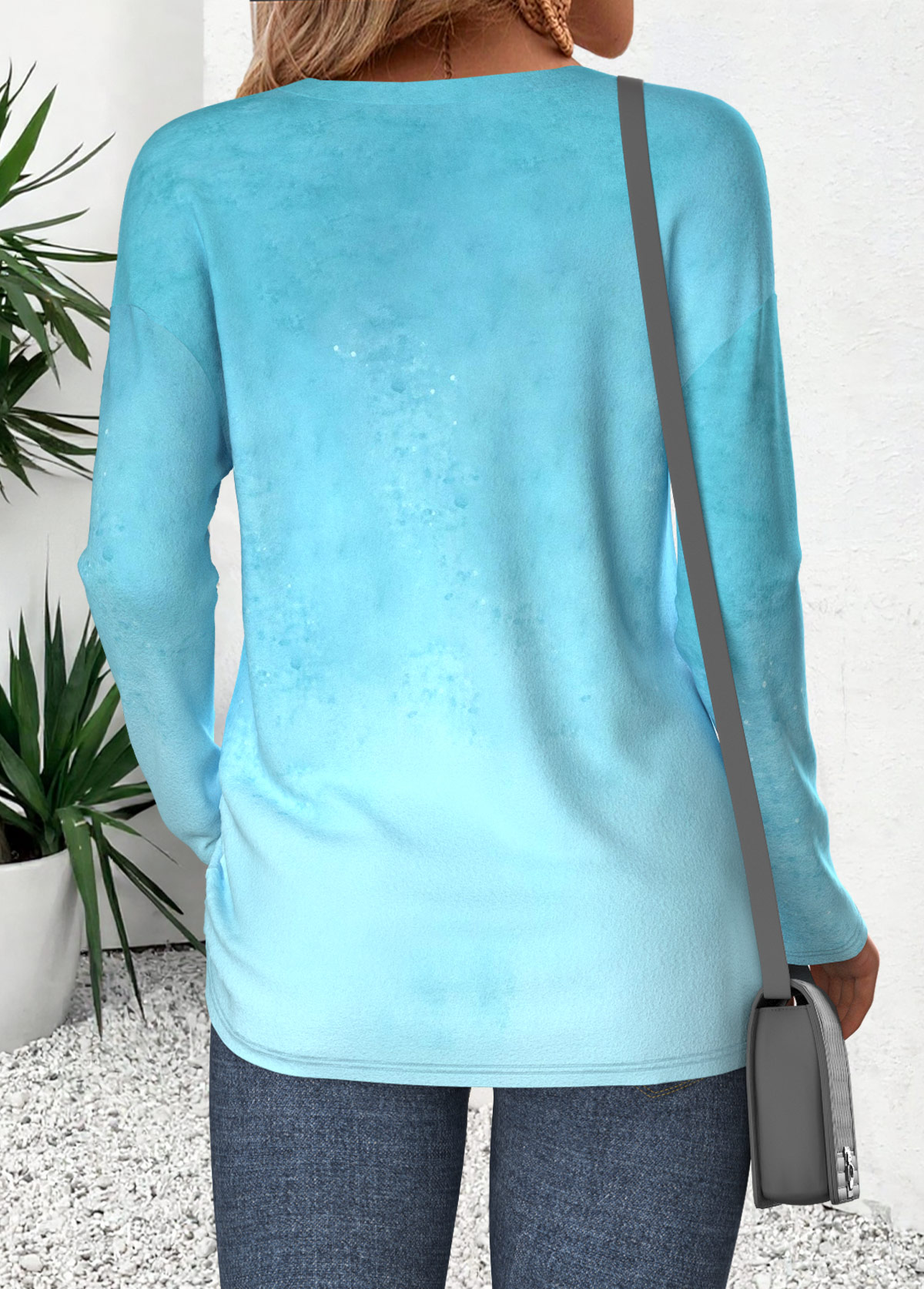 Light Blue Curved Hem Butterfly Print T Shirt | picture 