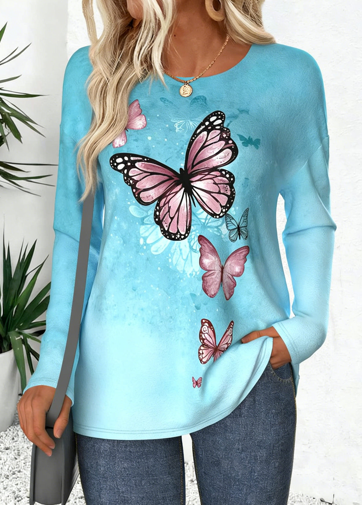 Light Blue Curved Hem Butterfly Print T Shirt | picture 