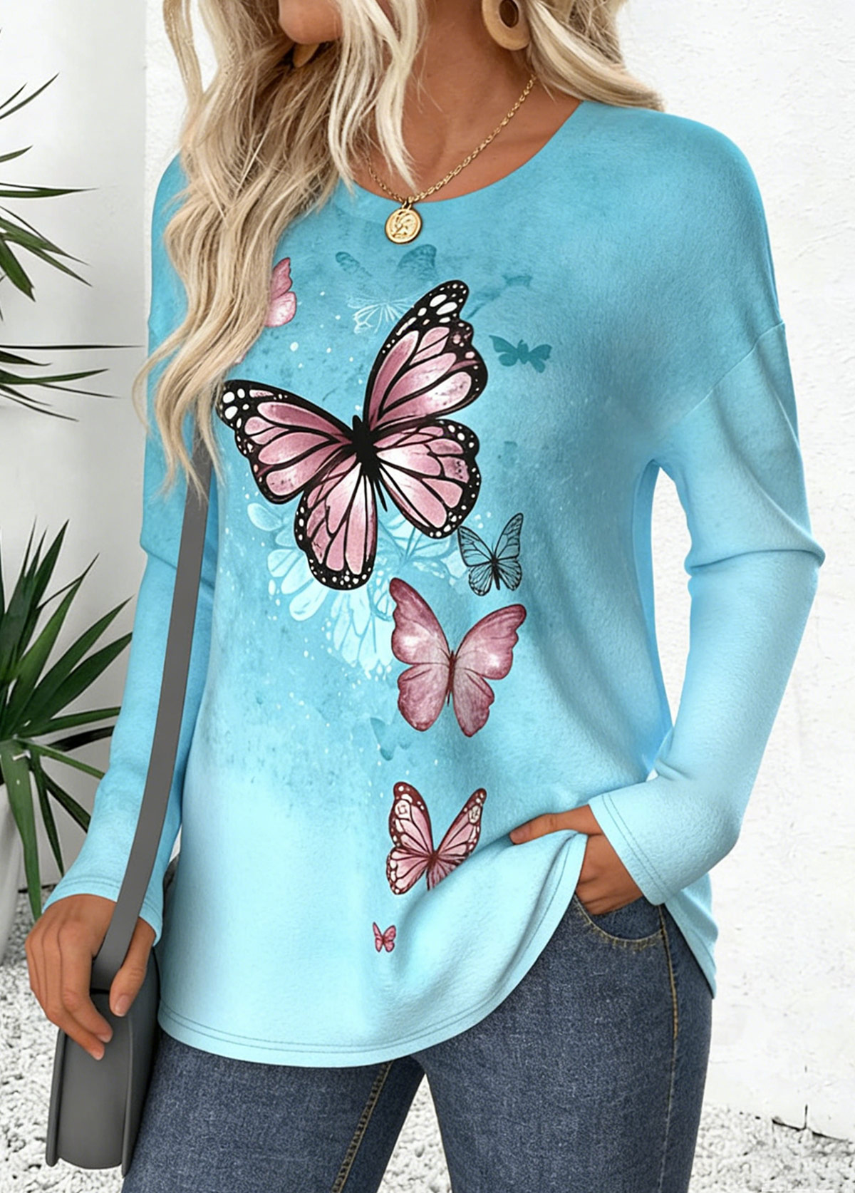 Light Blue Curved Hem Butterfly Print T Shirt | picture 