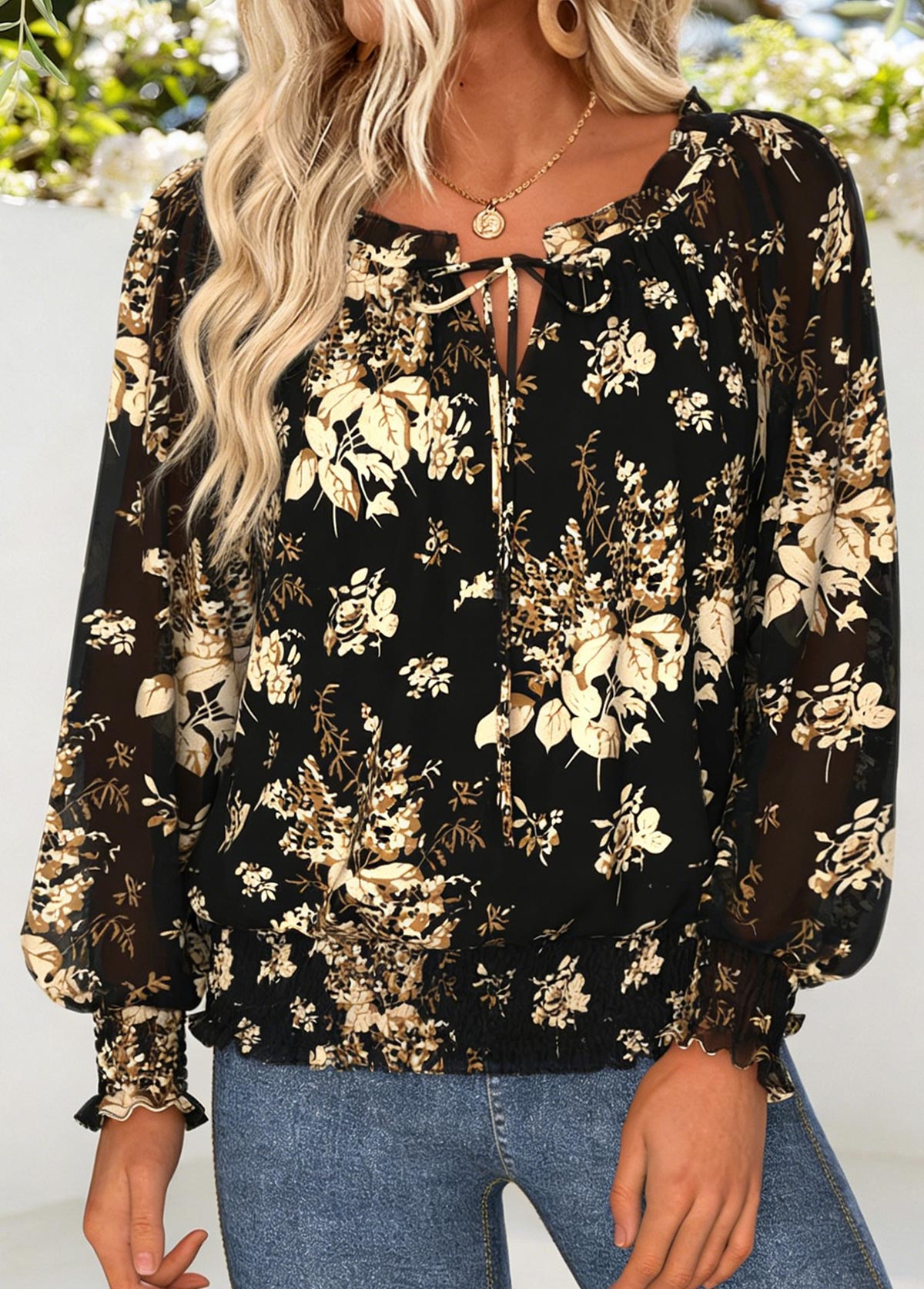 Black Smocked Floral Print Long Sleeve Round Neck Blouse | picture 