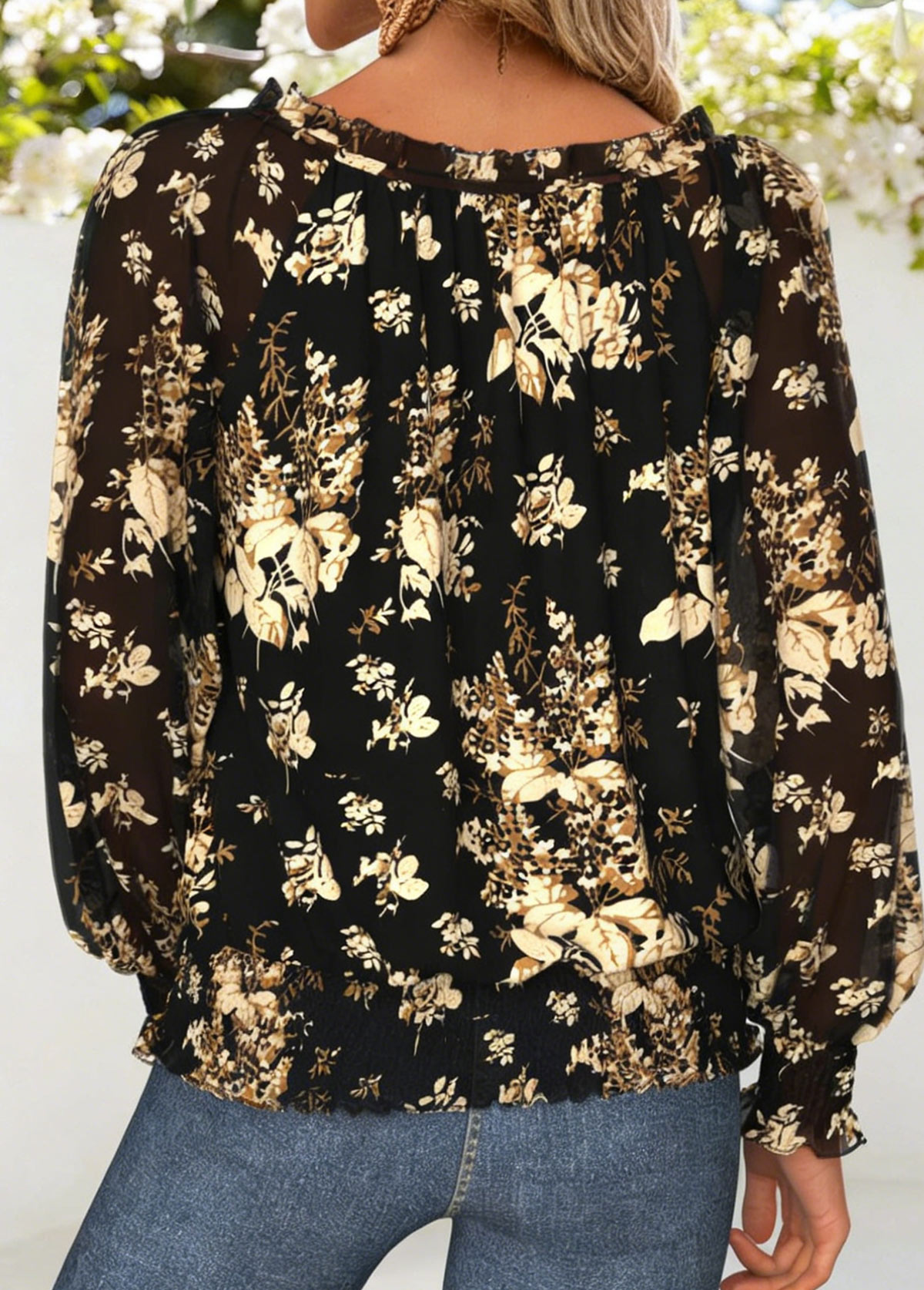 Black Smocked Floral Print Long Sleeve Round Neck Blouse | picture 