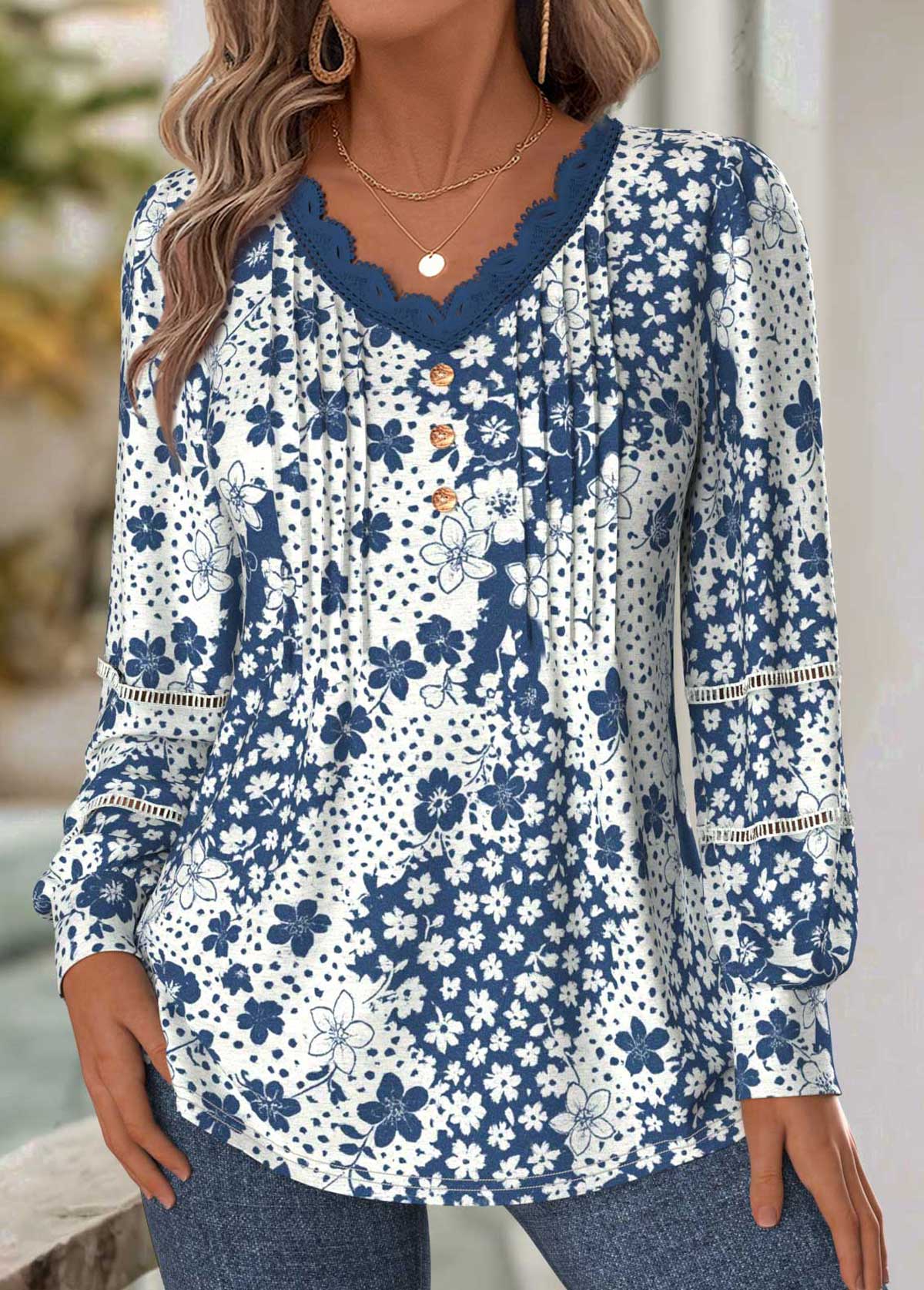 Navy Tummy Coverage Floral Print Long Sleeve T Shirt | picture 