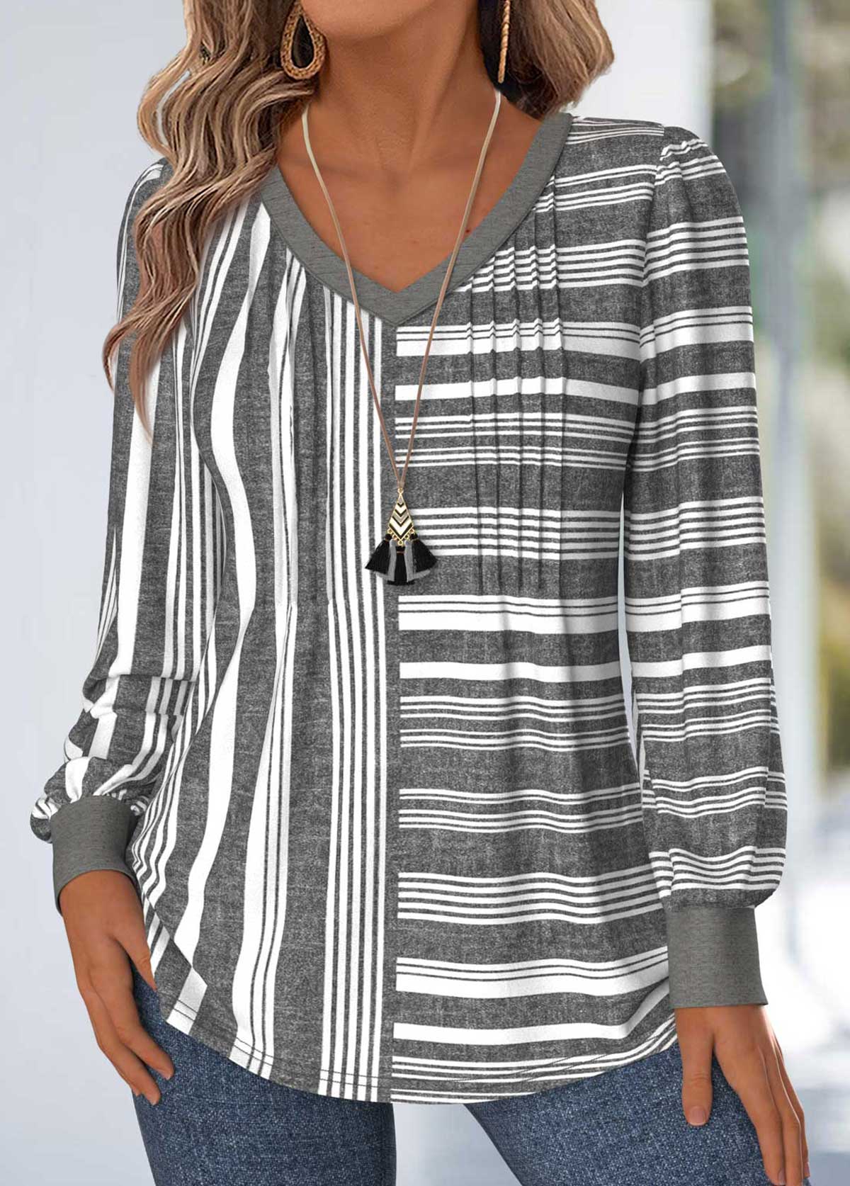 Dark Grey Marl Tummy Coverage Striped T Shirt | picture 