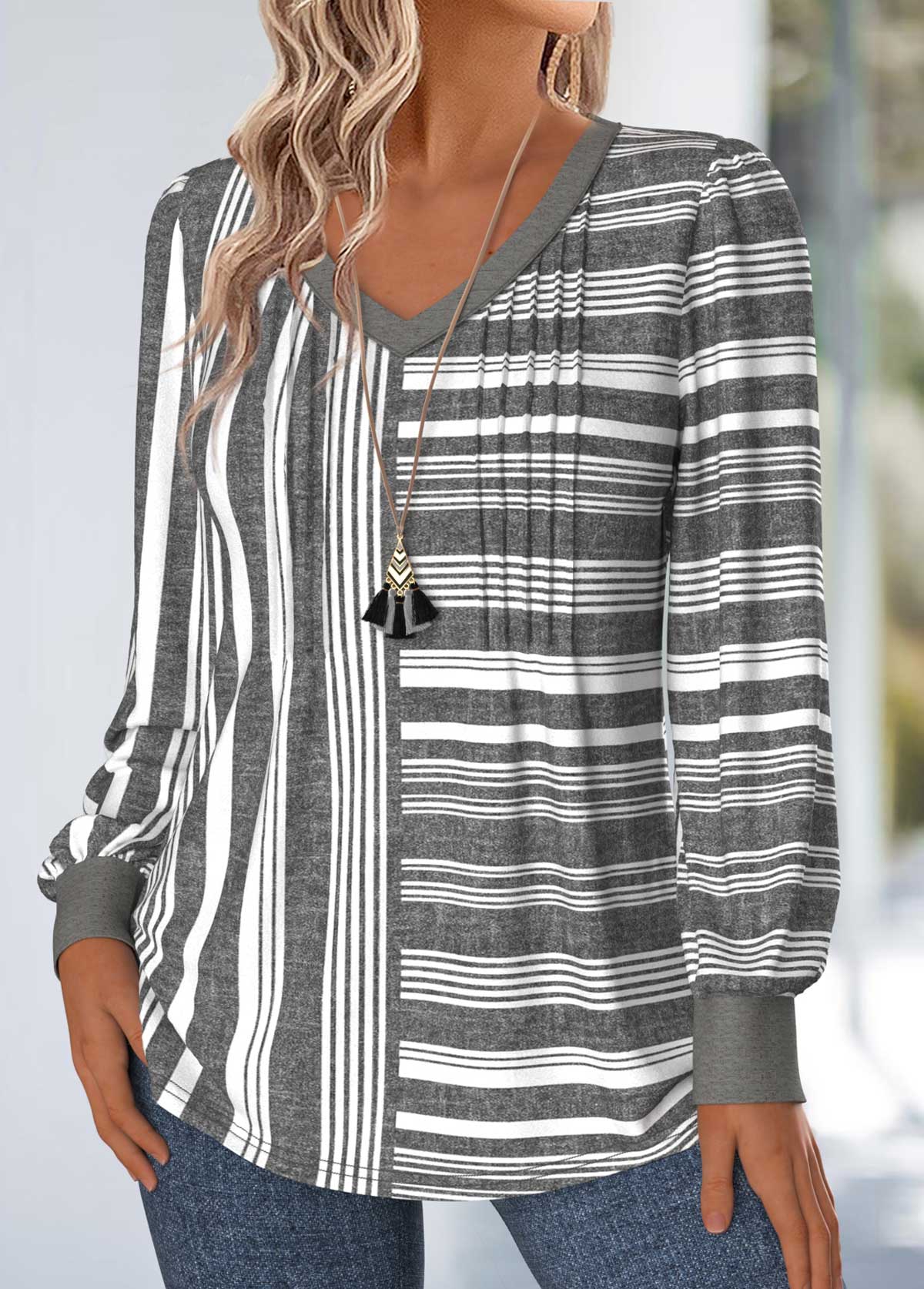 Dark Grey Marl Tummy Coverage Striped T Shirt | picture 