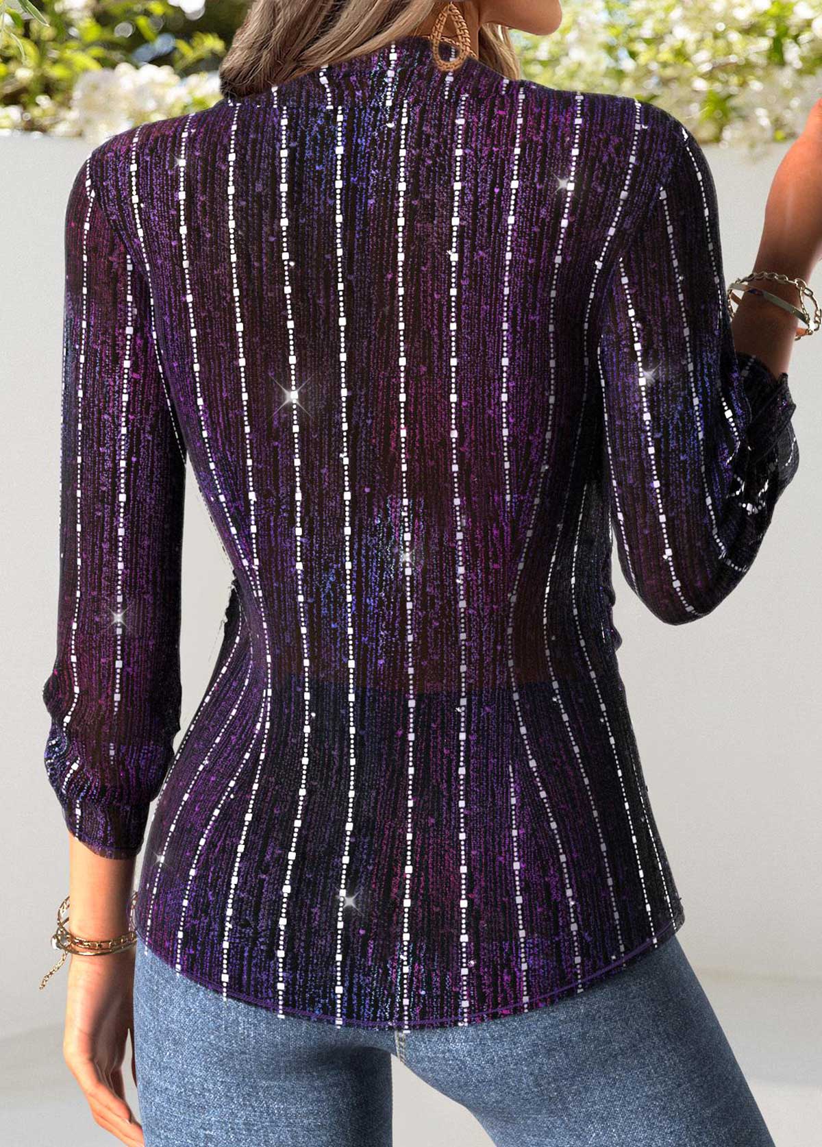 Purple Peplum Long Sleeve V Neck Blouse | picture 