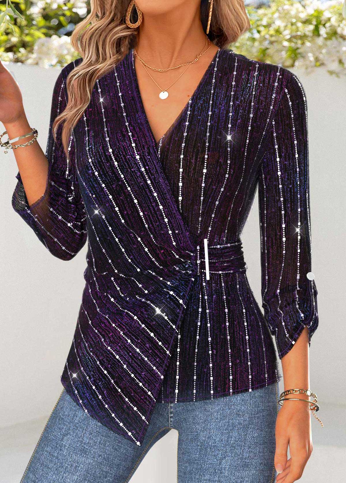 Purple Peplum Long Sleeve V Neck Blouse | picture 