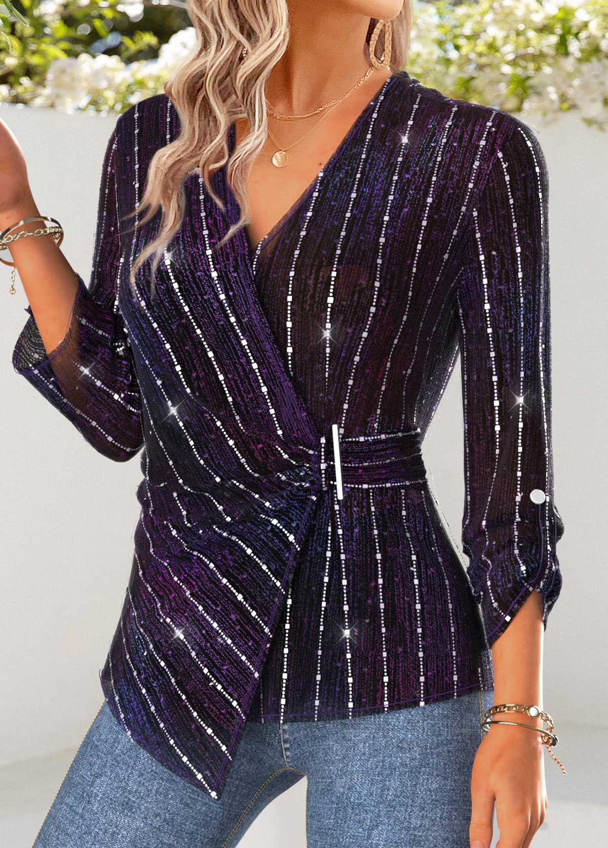 Purple Peplum Long Sleeve V Neck Blouse | picture 