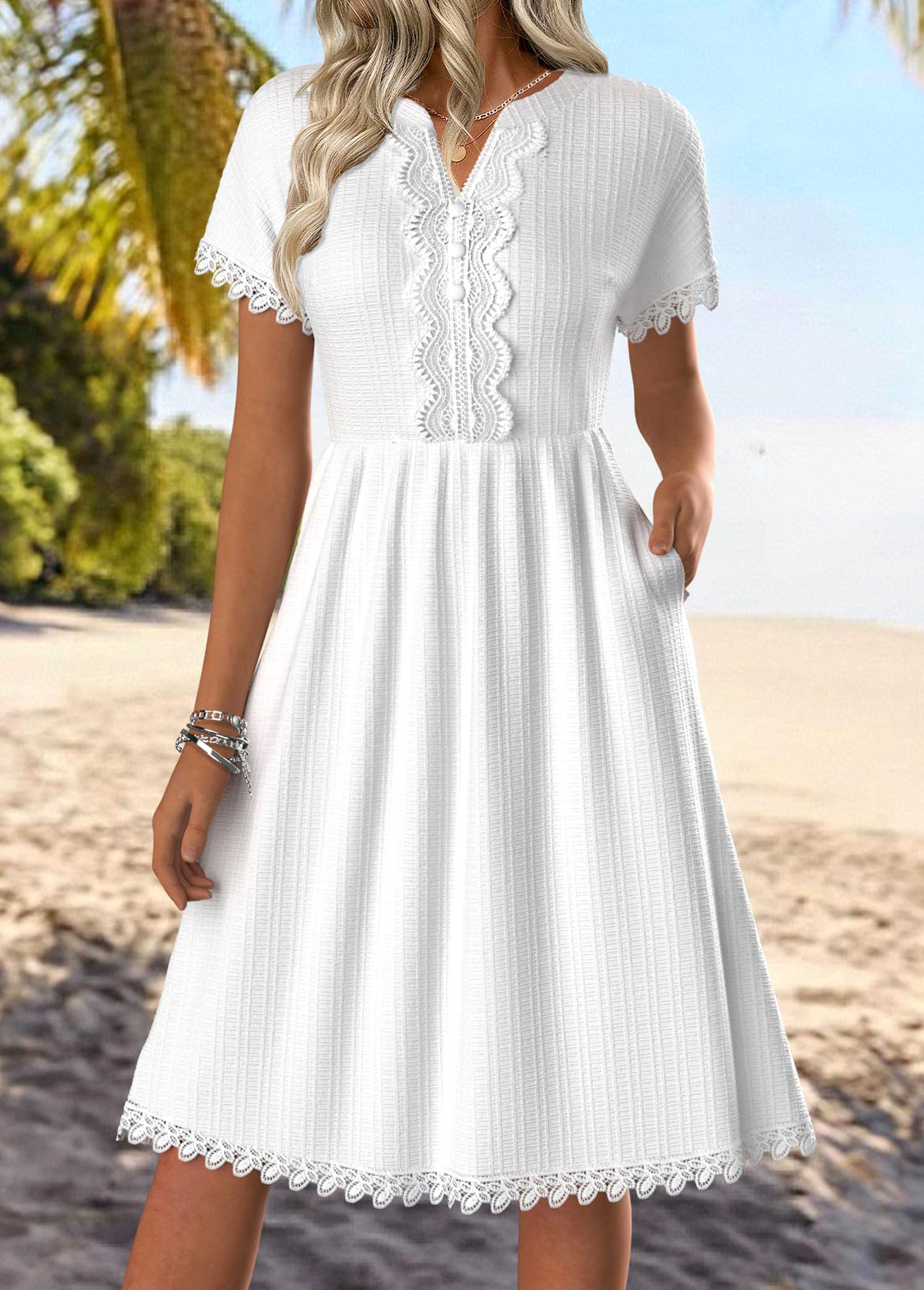 White Tummy Coverage Short Sleeve Split Neck Dress | picture 