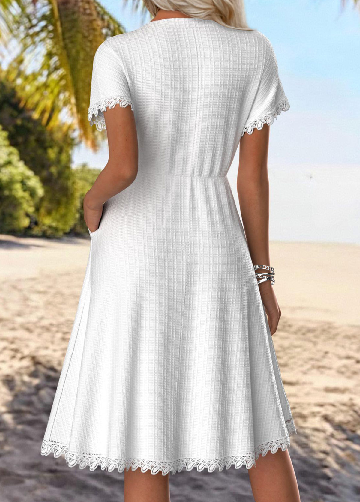 White Tummy Coverage Short Sleeve Split Neck Dress | picture 