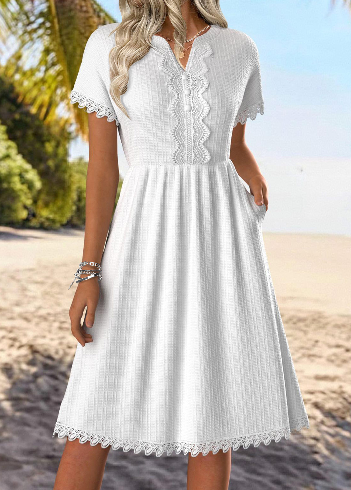 White Tummy Coverage Short Sleeve Split Neck Dress | picture 