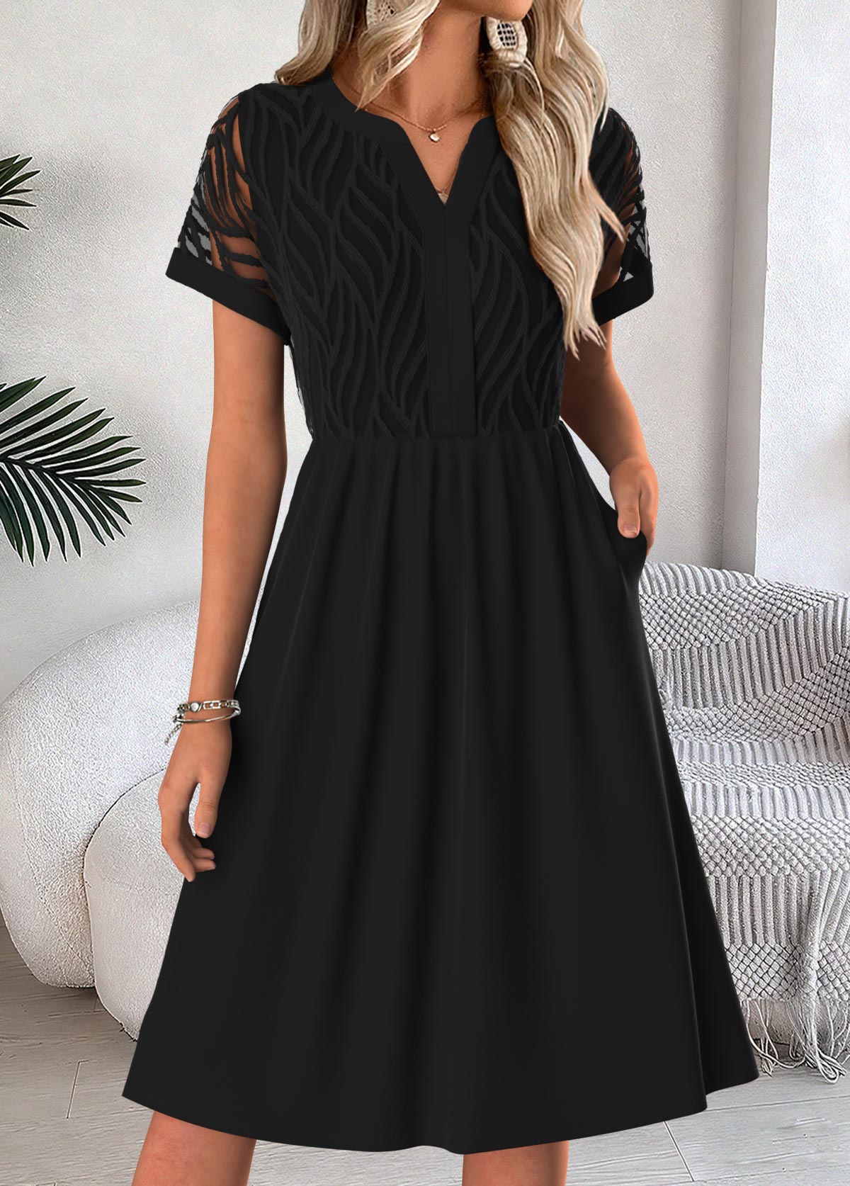 Black Tummy Coverage Short Sleeve Split Neck Dress | picture 
