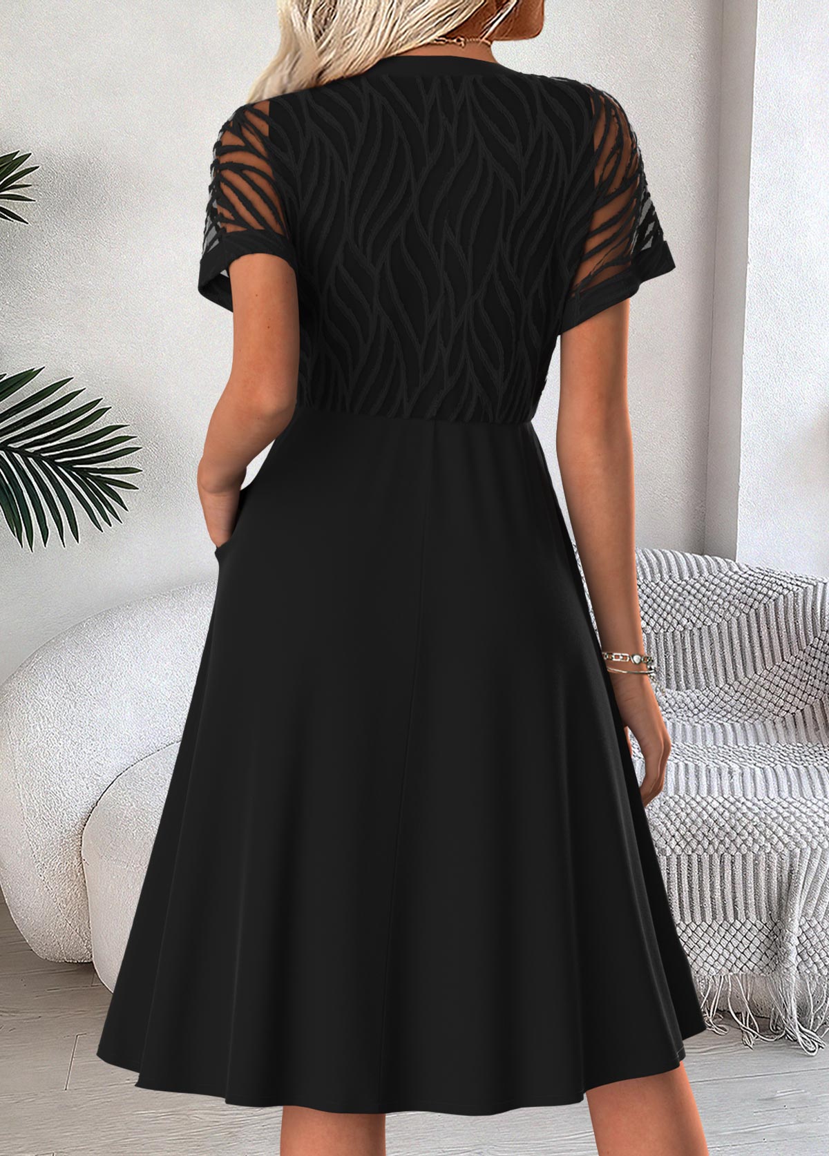 Black Tummy Coverage Short Sleeve Split Neck Dress | picture 