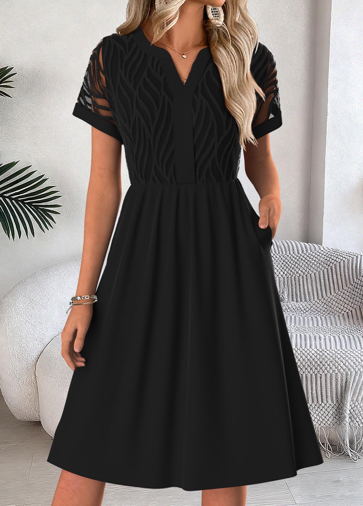Black Tummy Coverage Short Sleeve Split Neck Dress | picture 