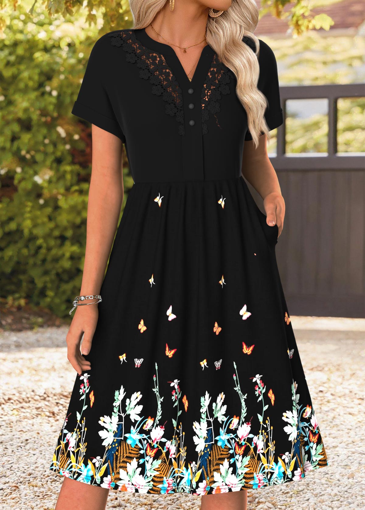 Black Tummy Coverage Floral Print Short Sleeve Dress | picture 