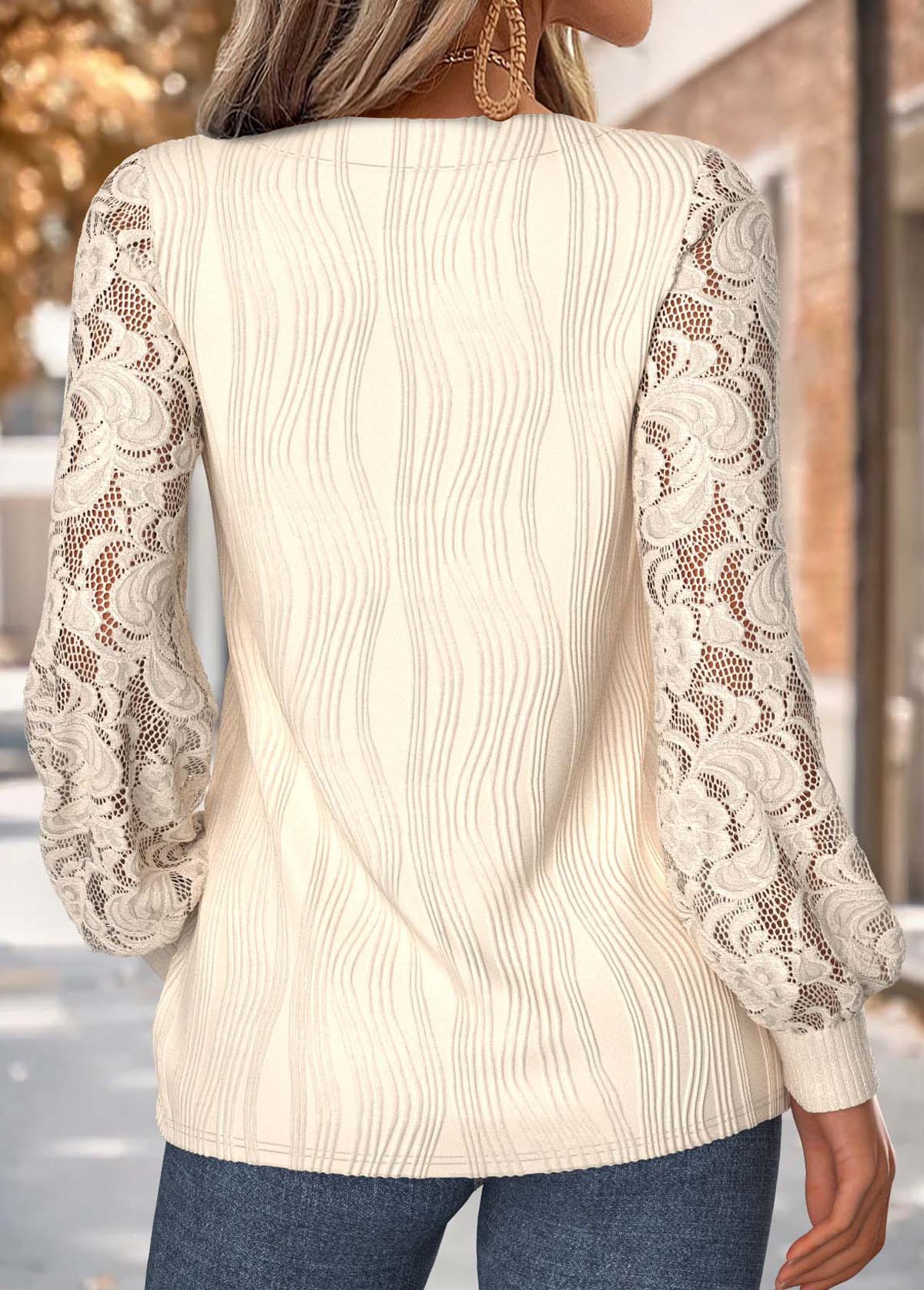 Beige Tummy Coverage Long Sleeve V Neck Sweatshirt | picture 