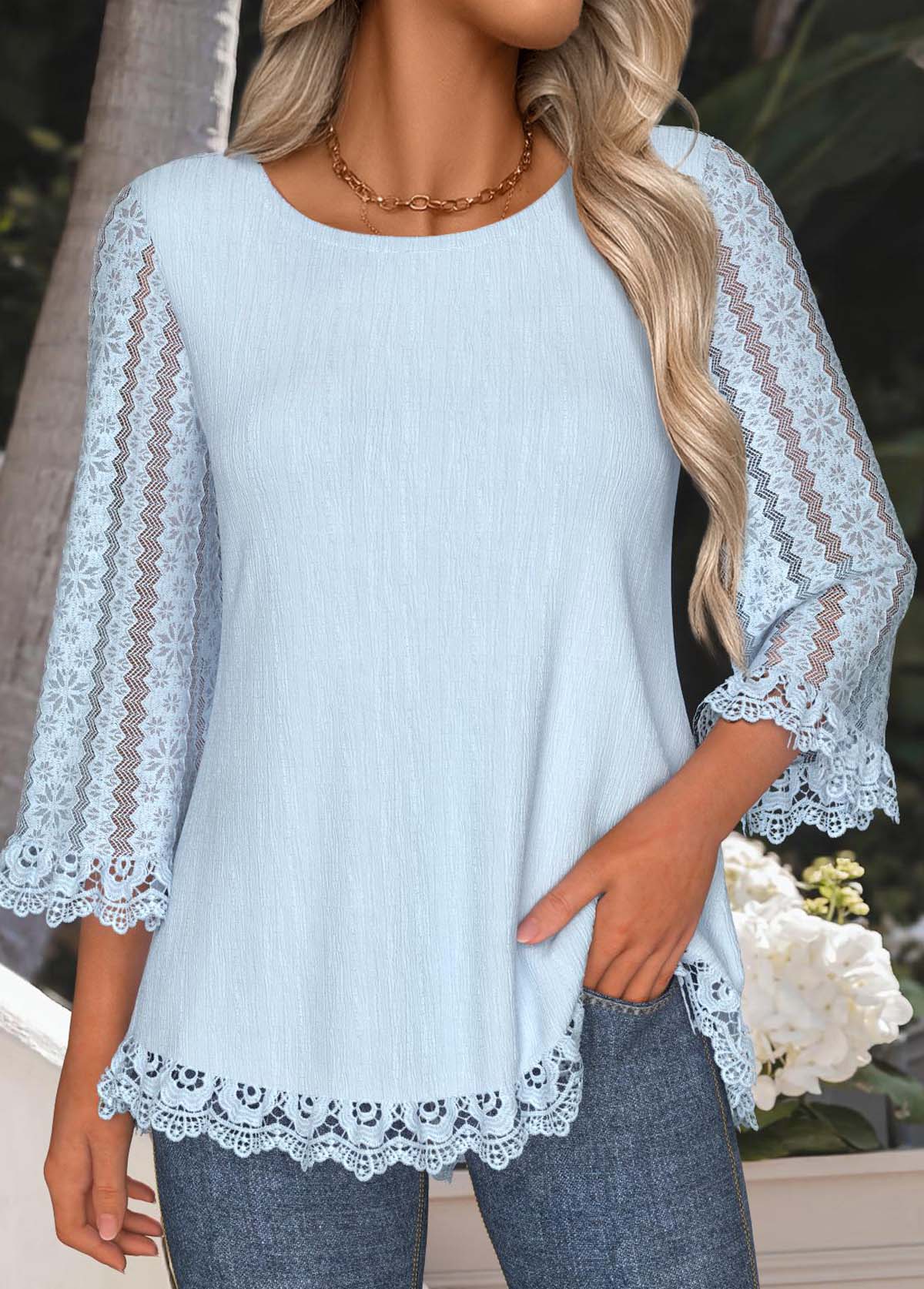 Light Blue Tummy Coverage 3/4 Sleeve T Shirt | picture 