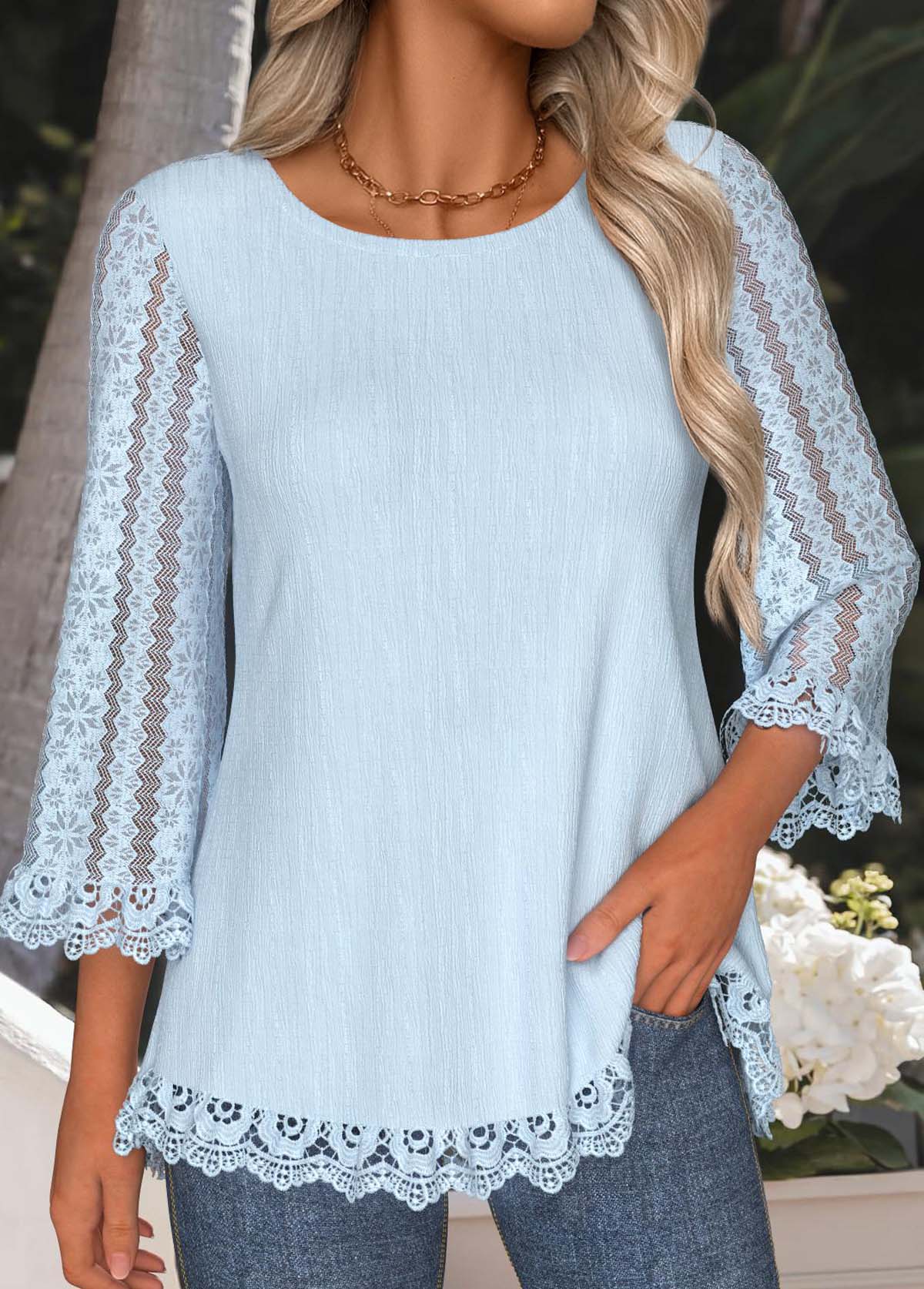 Light Blue Tummy Coverage 3/4 Sleeve T Shirt | picture 