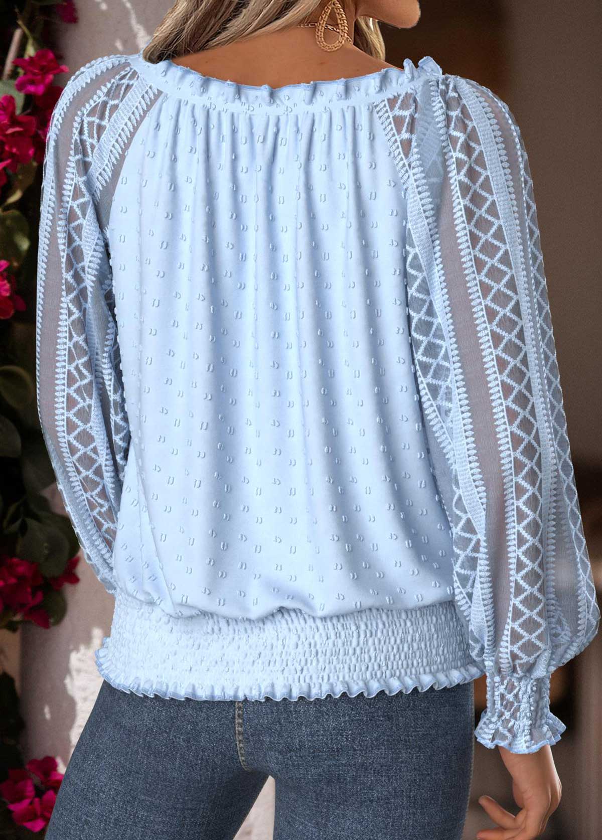 Light Blue Tummy Coverage Long Sleeve Split Neck Blouse | picture 