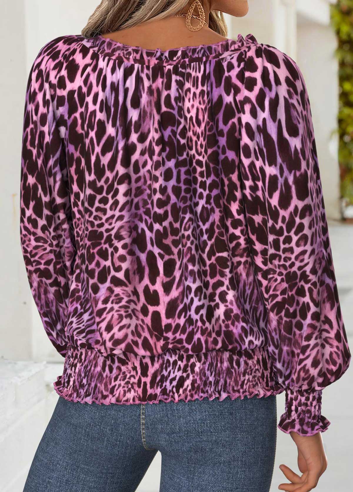 Purple Tummy Coverage Leopard Long Sleeve Split Neck Blouse | picture 