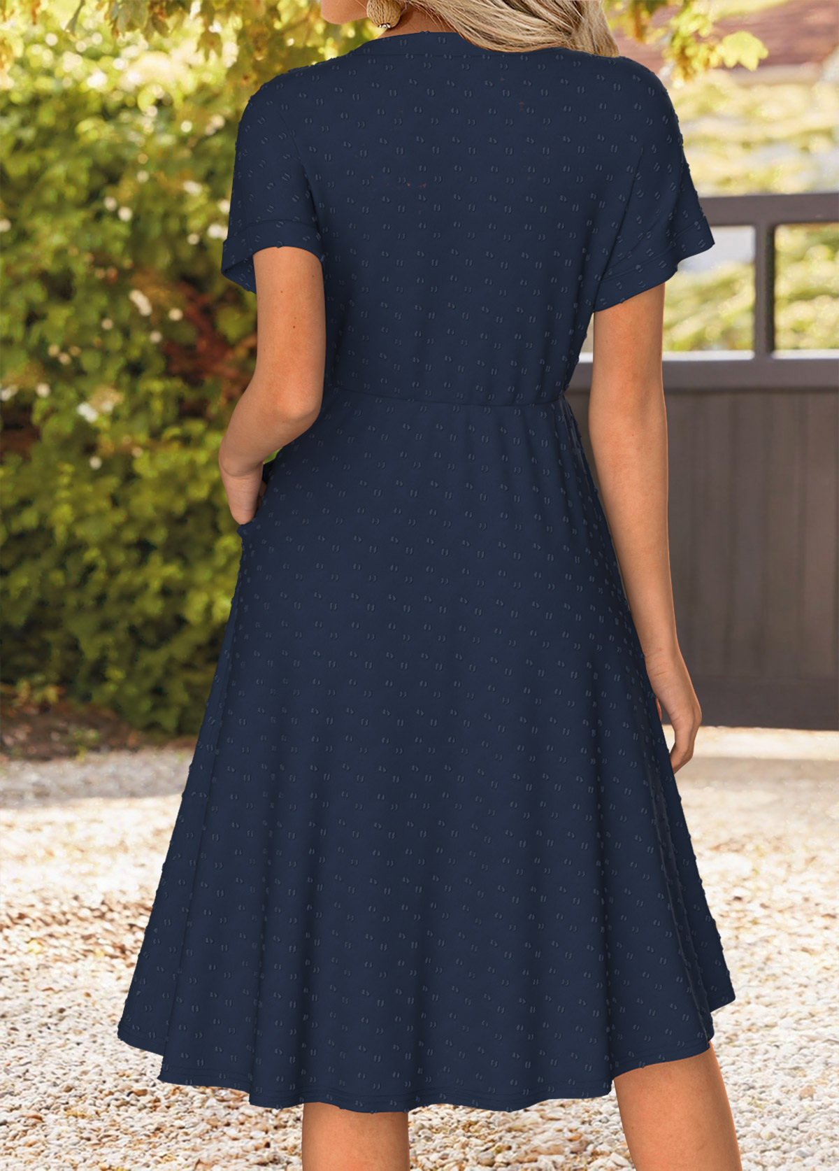 Navy Tummy Coverage Short Sleeve Split Neck Dress | picture 