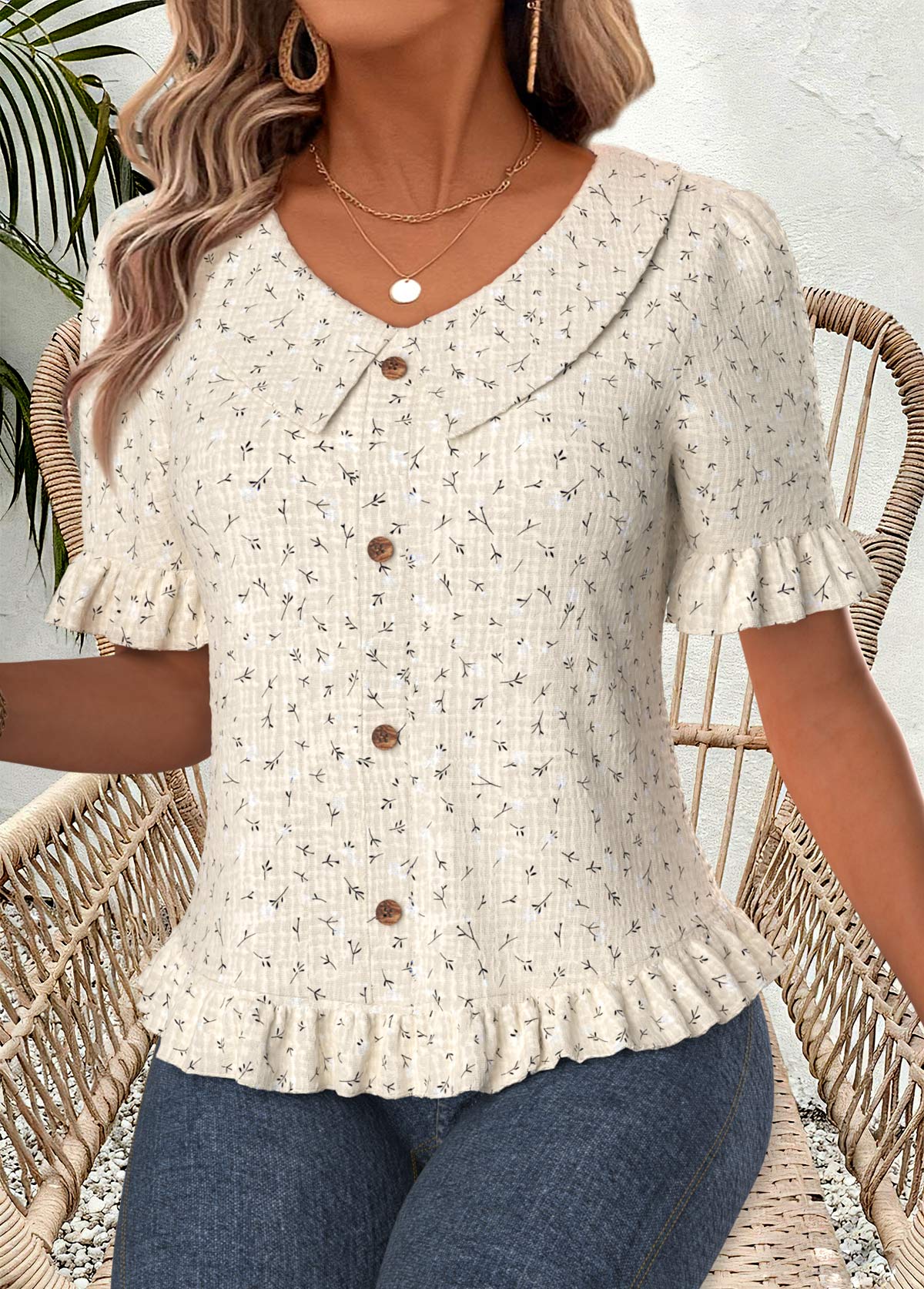 Beige Ruffle Floral Print Short Sleeve V Neck Blouse | picture 