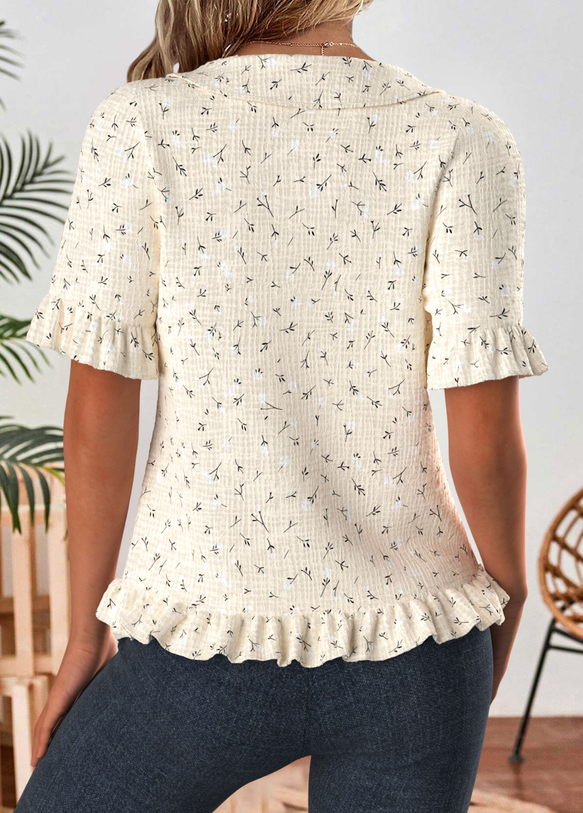 Beige Ruffle Floral Print Short Sleeve V Neck Blouse | picture 