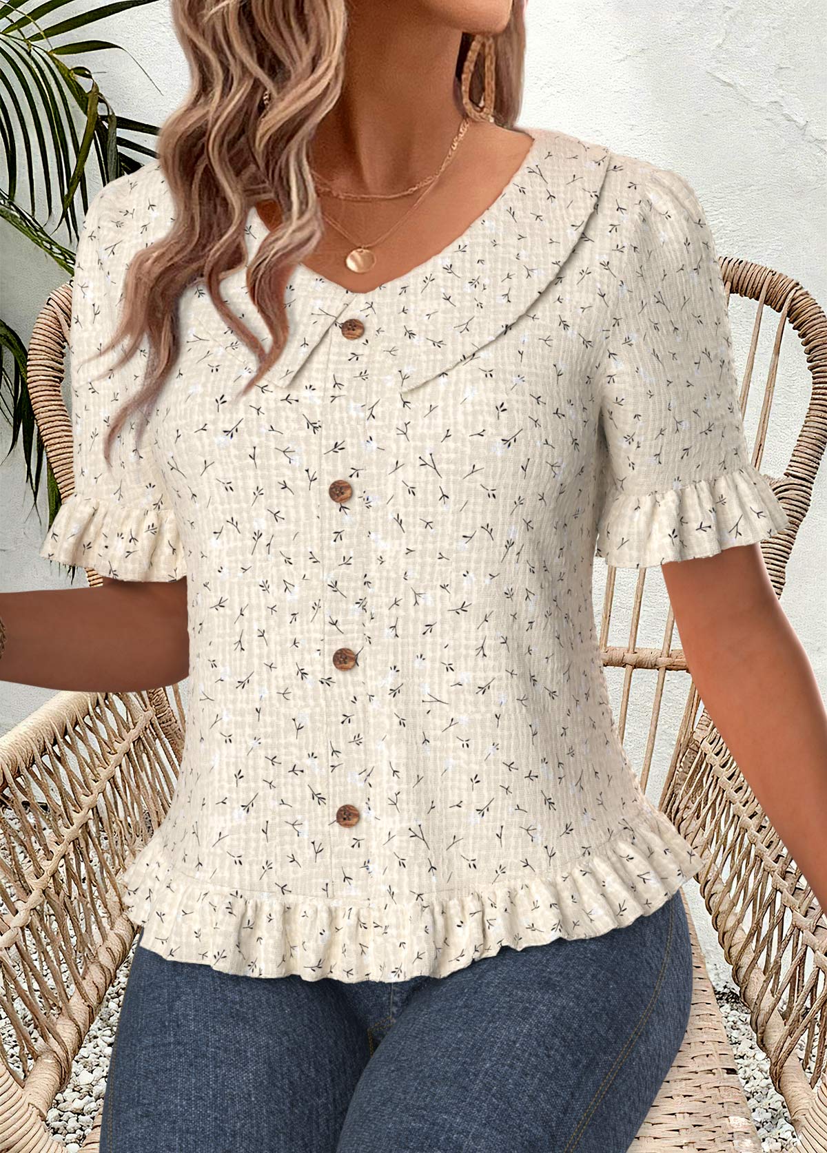 Beige Ruffle Floral Print Short Sleeve V Neck Blouse | picture 