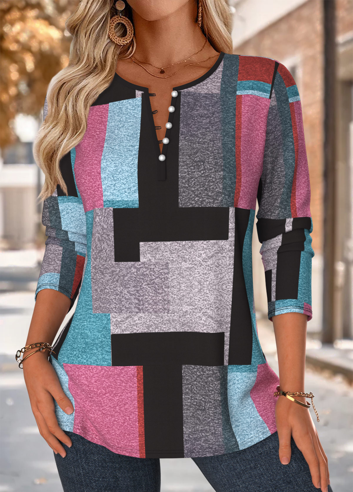 Multi Color Button Geometric Print Long Sleeve Blouse | picture 