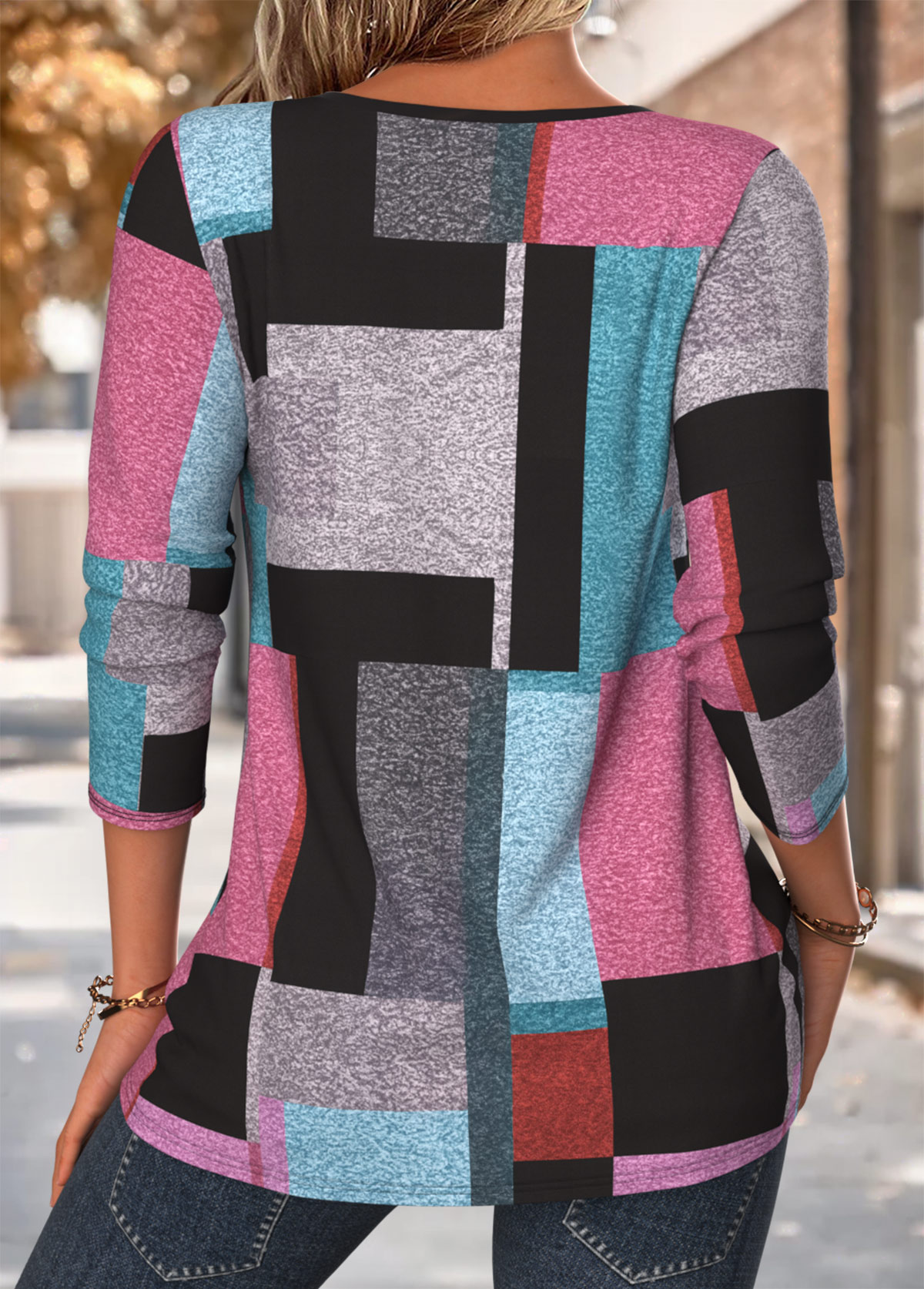 Multi Color Button Geometric Print Long Sleeve Blouse | picture 
