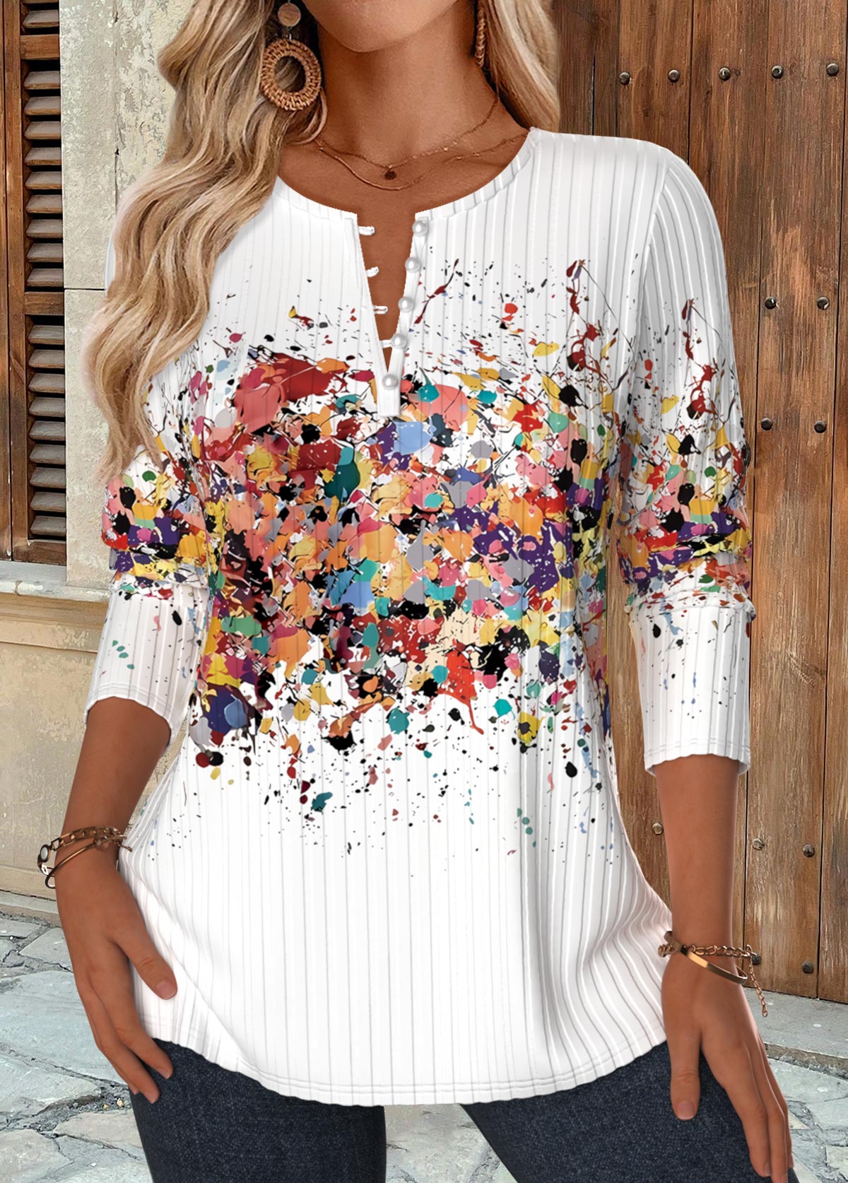 Multi Color Button Ombre Long Sleeve Split Neck Blouse | picture 
