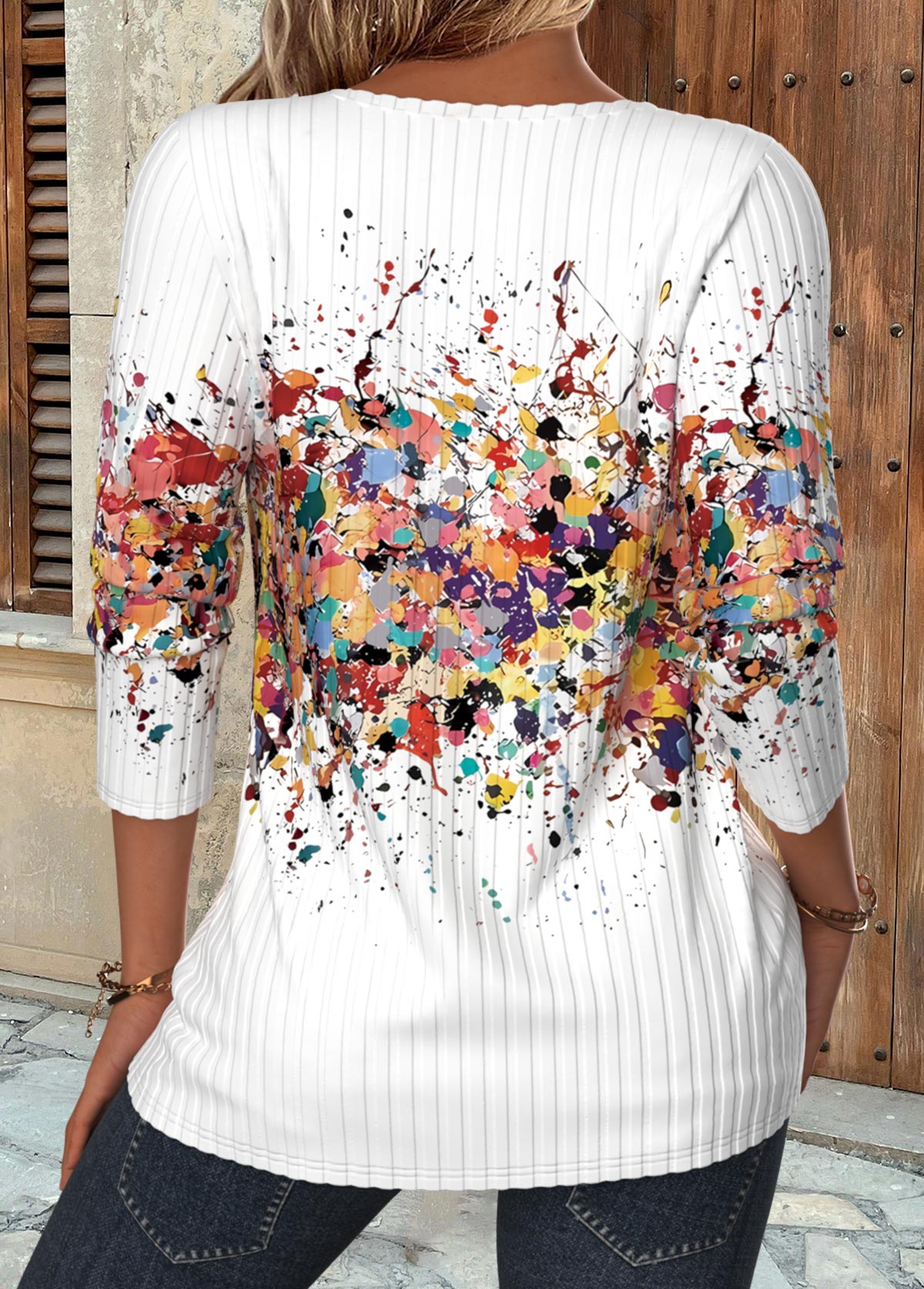 Multi Color Button Ombre Long Sleeve Split Neck Blouse | picture 