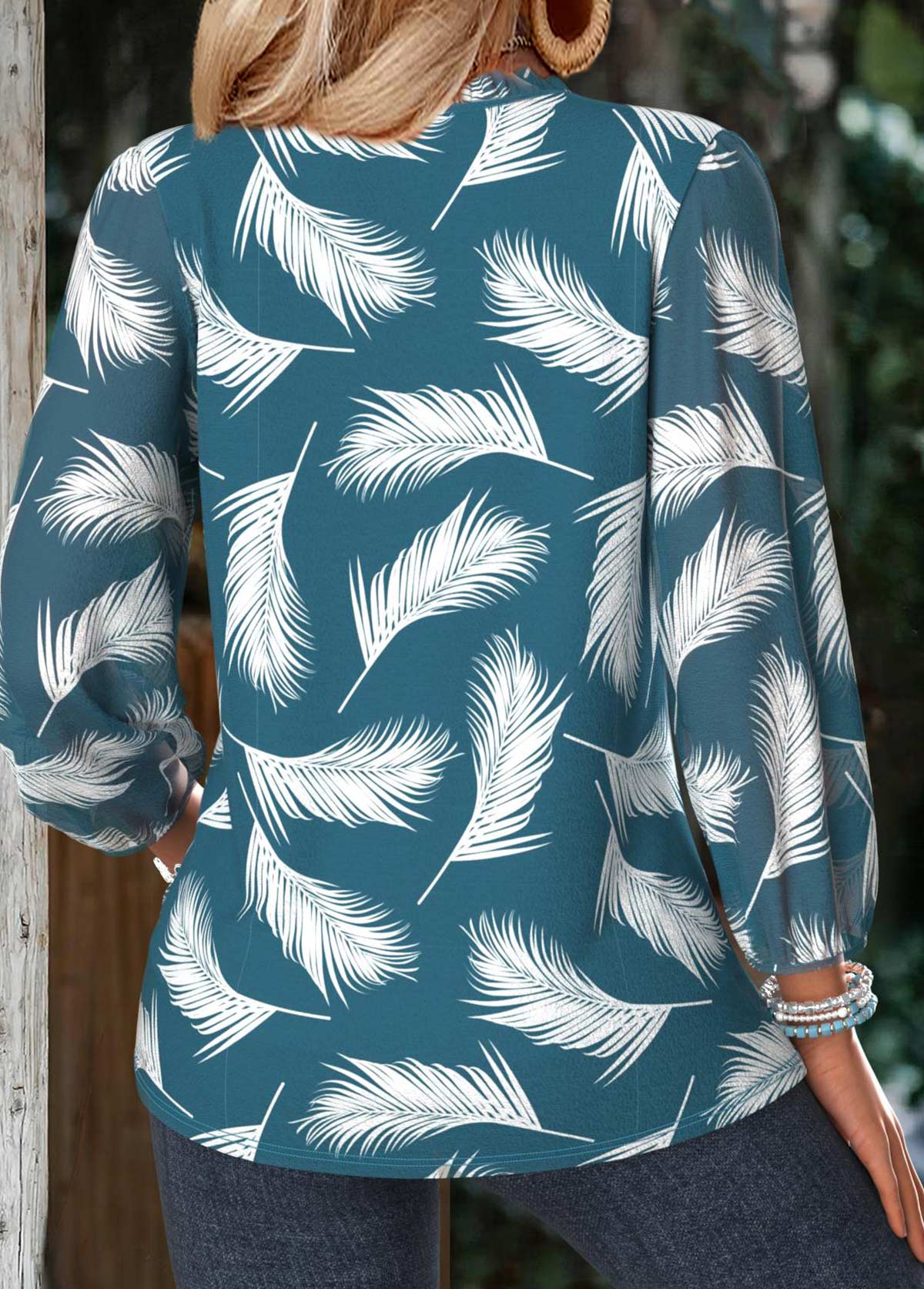 Peacock Blue Tummy Coverage Feathers Print Long Sleeve Blouse | picture 