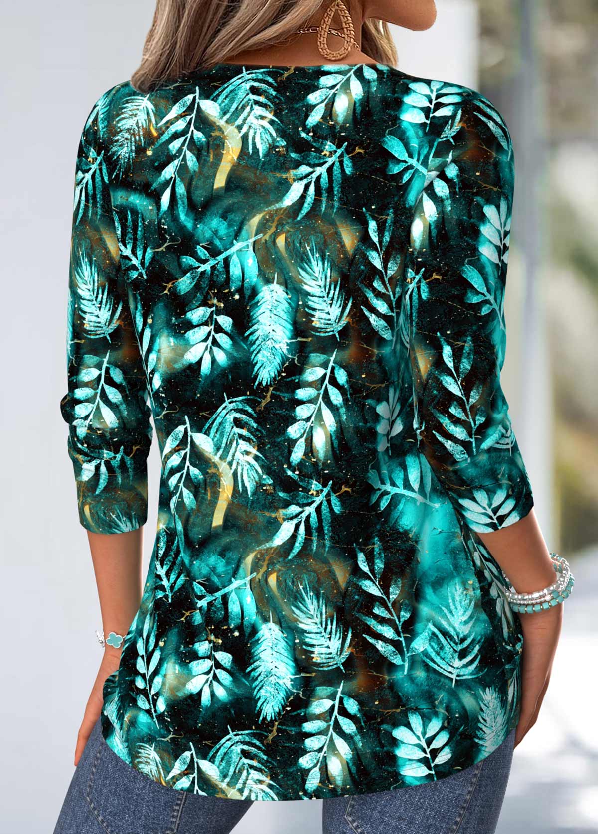 Multi Color Tummy Coverage Leaf Print T Shirt | picture 