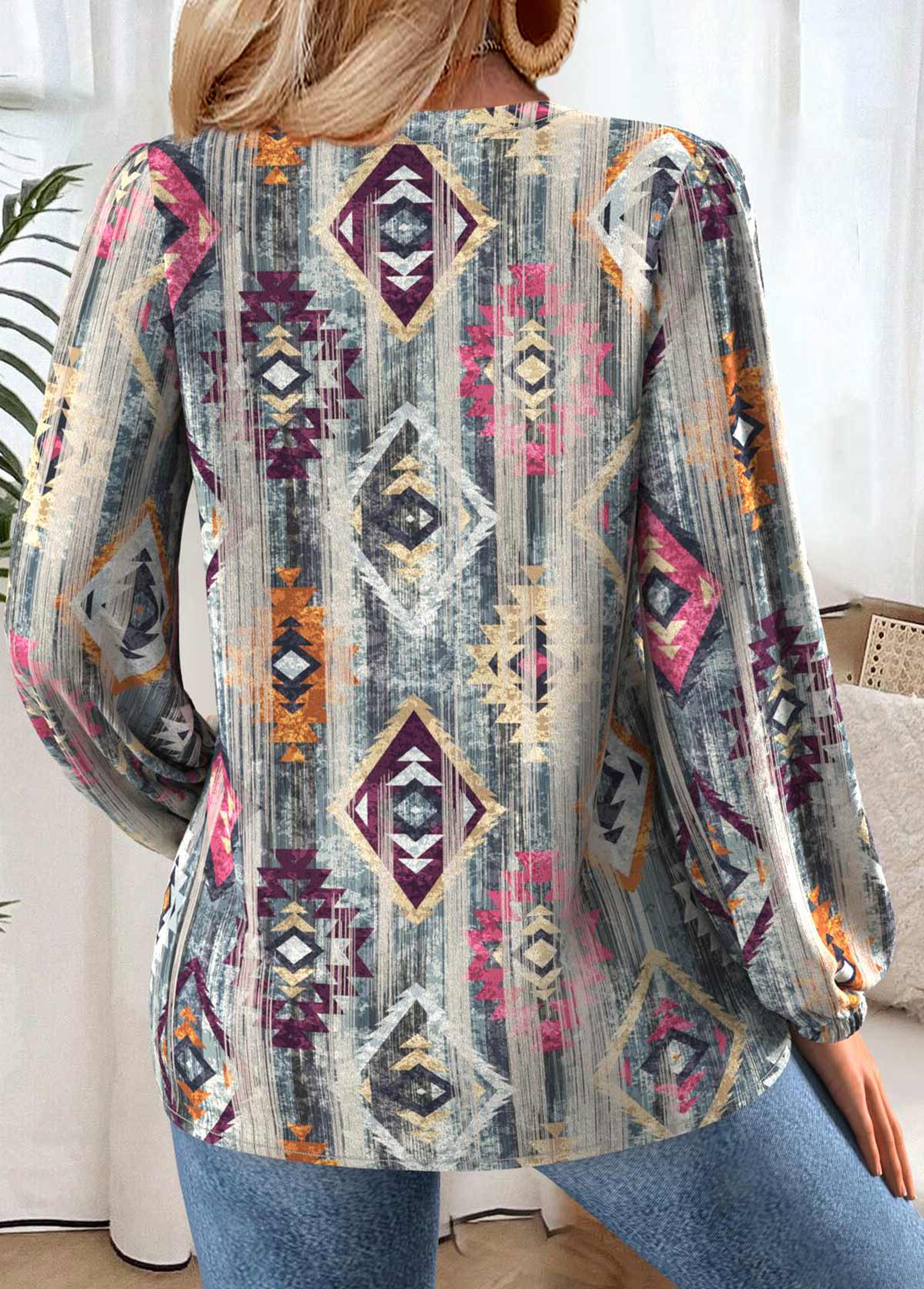 Multi Color Tummy Coverage Tribal Print Long Sleeve Blouse | picture 
